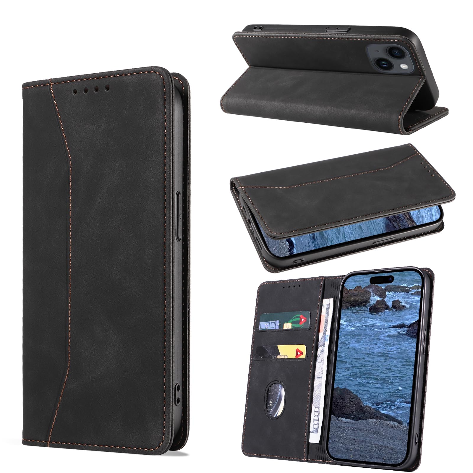 【送料無料】KWATUNG iPhone 15 ケース 手帳型 アイフォン 15 おしゃれ レザー カバー 内蔵マグネット耐衝撃 iphone15 スマホケース カード収納 スタンド機能 全面保護 アイフォン 15 6.1インチ ブラック