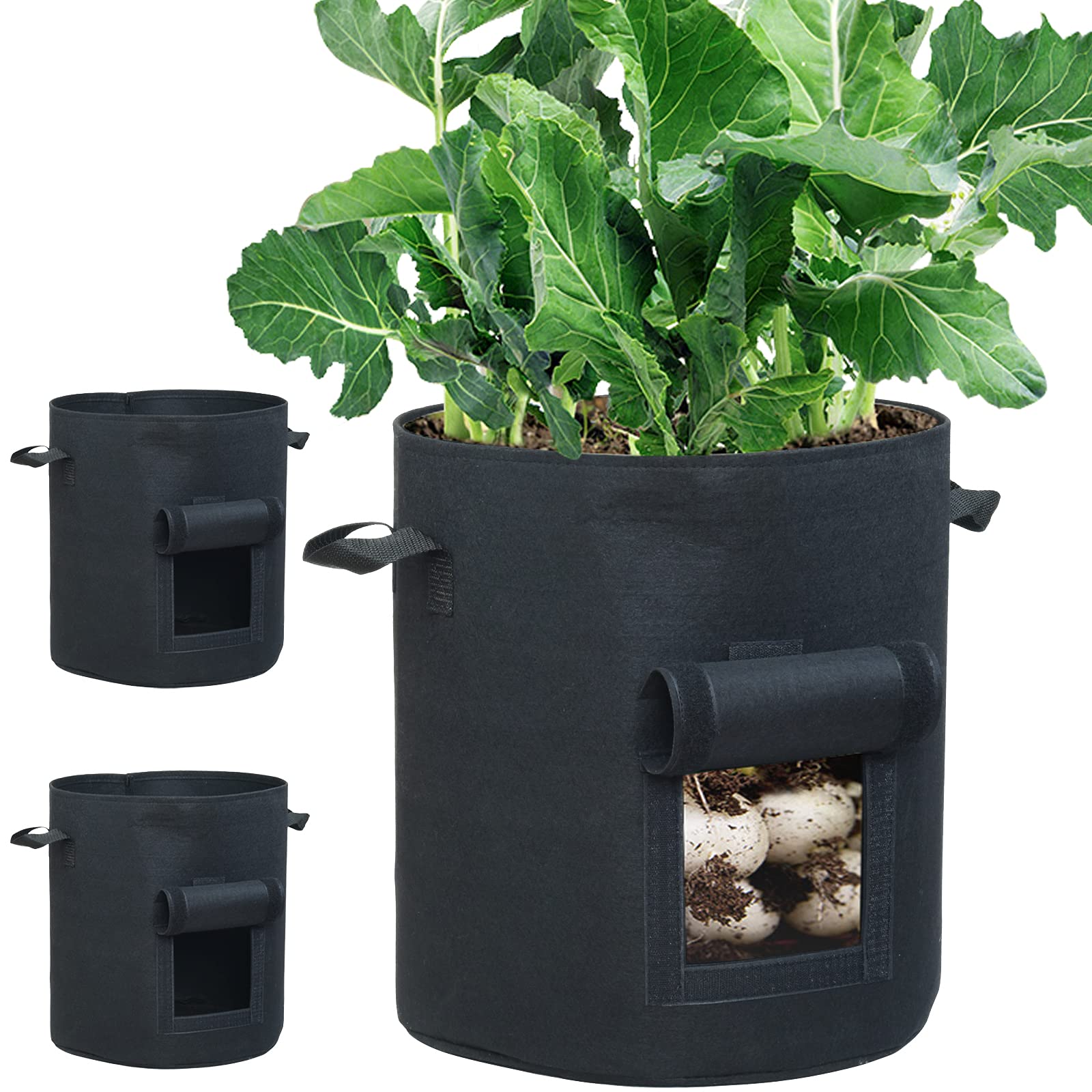【送料無料】3個セット 10ガロン プランター 布鉢 栽培袋 窓がある 黒 フェルト 不織布ポット 植え袋 ガーデン 通気性 diy 園芸 植物育成 じゃがいも...
