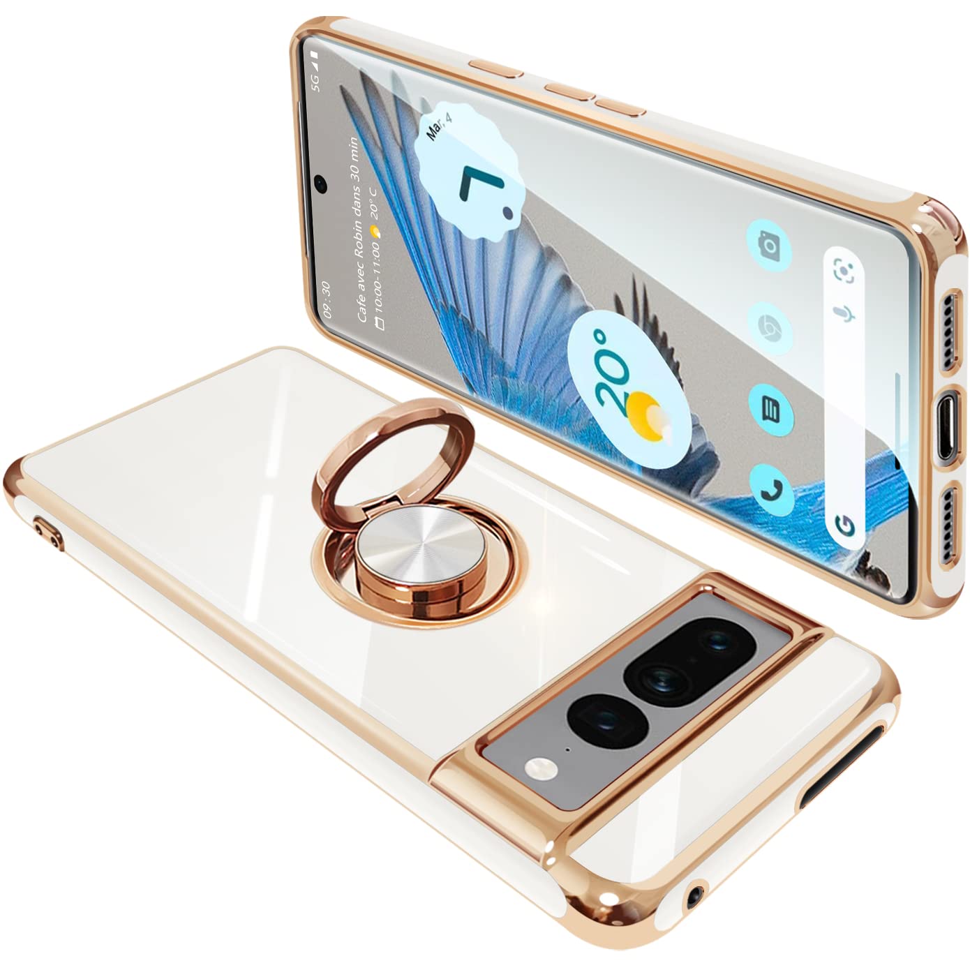 【送料無料】Google Pixel7 Pro ケース リング付き グーグル ピクセル 7Pro リング カバー 耐衝撃 TPU メッキ加工 360°回転 スタンド機能 車載ホルダー ストラップホール付き（ホワイト）