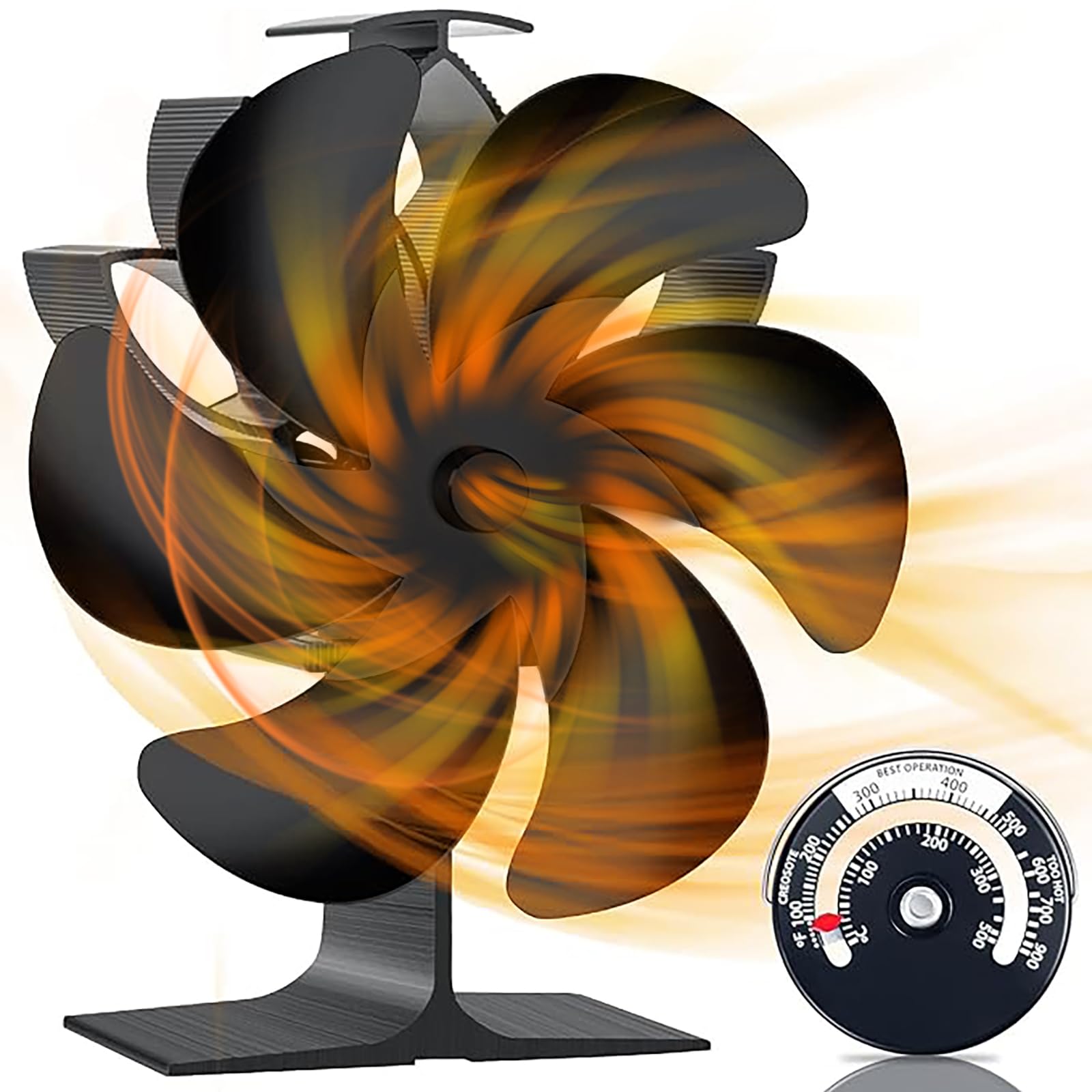 【送料無料】ストーブファン 電源不要 自動 静音 省エネ エコファン 室内空気循環 薪ストーブ/暖炉用品 暖房用 防寒対策 6つブレード 火力熱炉ファン 温度計付き(ブラック) (9ブレード)