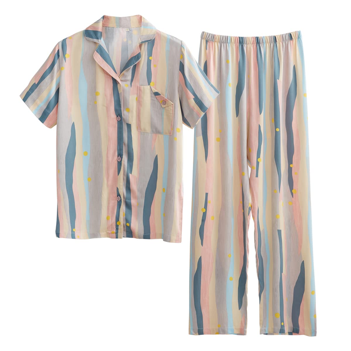 【送料無料】[Euyqs] パジャマ レーヨンサテン レディース ルームウェア 上下セット 半袖トップパンツ (ボーダー/カラー, XL)