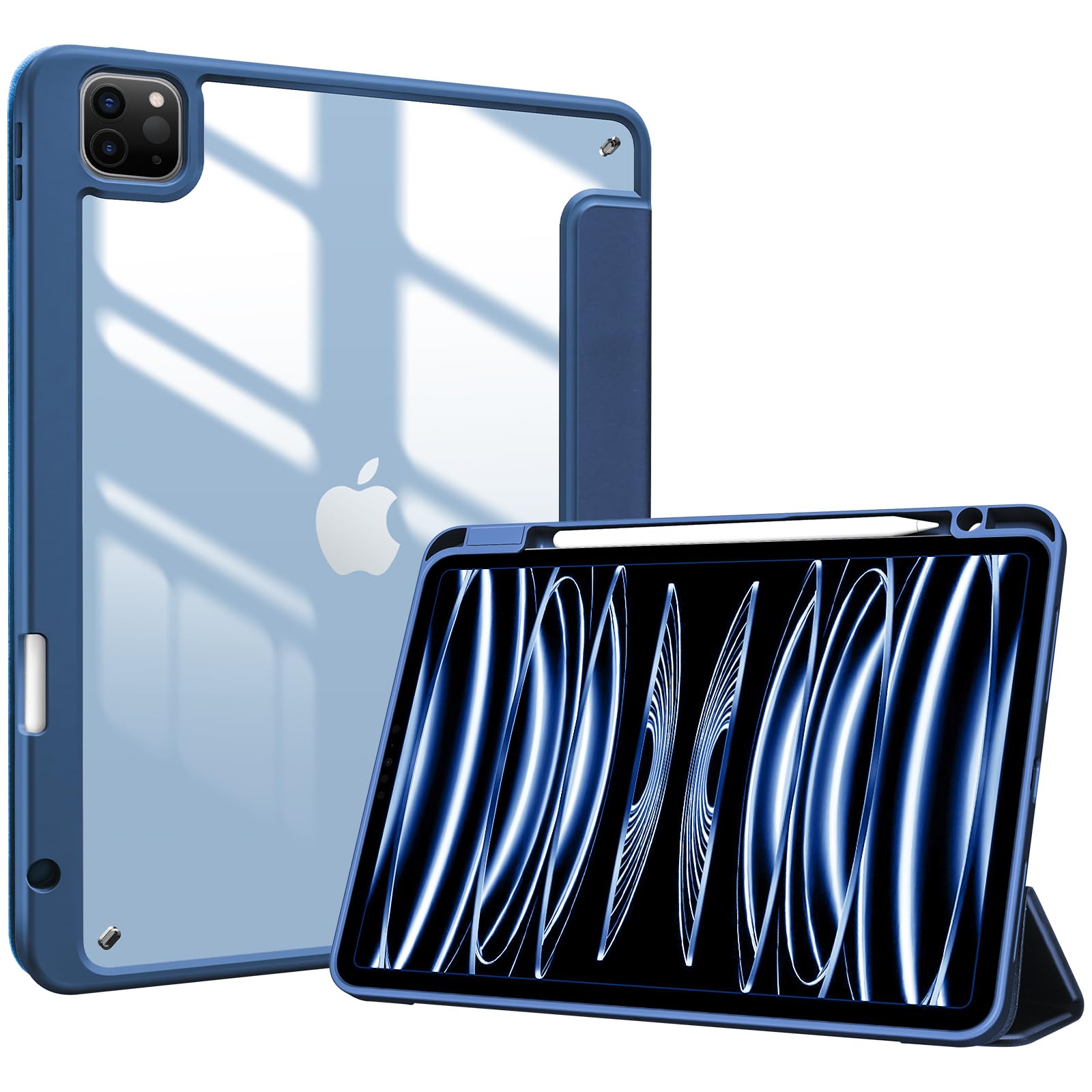 【送料無料】ProCase iPad Pro 11 ケース 第4/3/2/1世代に適用（2022 2021 2020 2018) 透明 クリアバックカバー ペン収納 耐衝撃 三つ折り スタンド スマートカバー - ネイビー