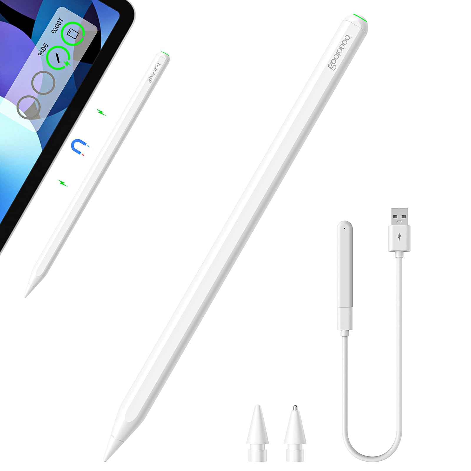 【送料無料】GOOJODOQ 新型 GD13+ スタイラスペン ワイヤレス充電式+Type-C充電式 iPad用 タッチペン Bluetooth ペンシル 高感度 傾き感知 交換ペン先付き 途切れなし 軽量 マット仕上げ iPad air4/5/iPad Pro11/iPad Pro12.9/iPad mini6吸着充電対応外 別途チャージ可能