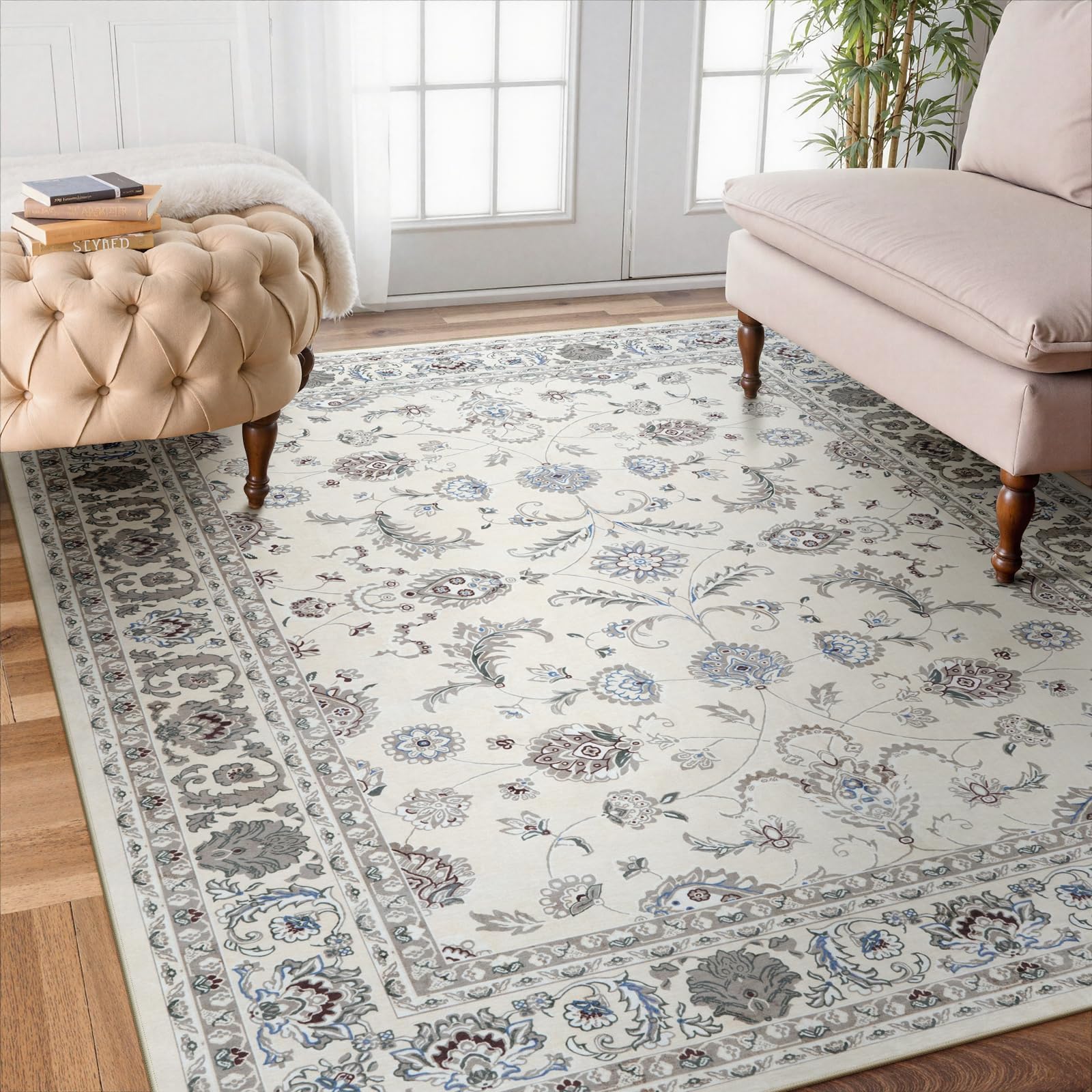 【送料無料】HAOCOO カーペット 2畳 185х185cm 正方形 ペルシャ絨毯風 おしゃれ 洗える ラグ 耐磨耗性 滑り止め ホットカーペット対応 防音 室内用 ラグマット シェニール オールシーズン適用 抗菌防臭 花柄 オフホワイト