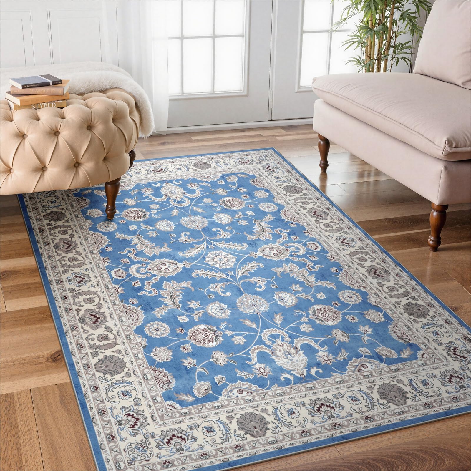 【送料無料】HAOCOO ラグ カーペット 約1畳 ペルシャ絨毯風 洗える 120х160cm 耐磨耗性 滑り止め ホットカーペット対応 防音 室内用 ラグマット シェニール オールシーズン適用 抗菌防臭 軽量 花柄 ライトブルー
