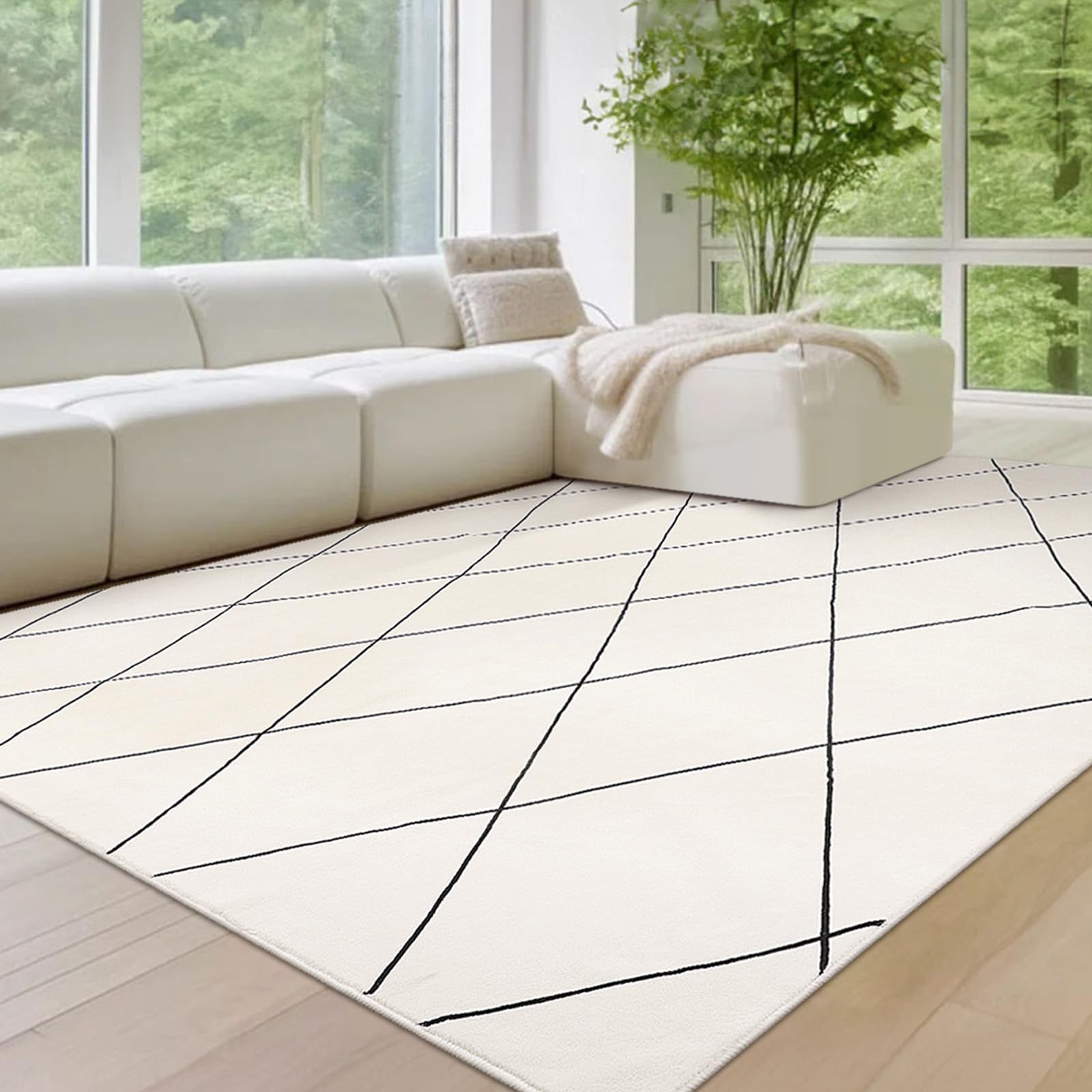 【送料無料】HAOCOO カーペット 洗える 約2畳 ラグ 185х185cm オールシーズン適用 ふわふわ 滑り止め ホットカーペット対応 防音 室内用 正方形 ラグマット アンティーク 抗菌防臭 幾何学柄 北欧風 アイボリー