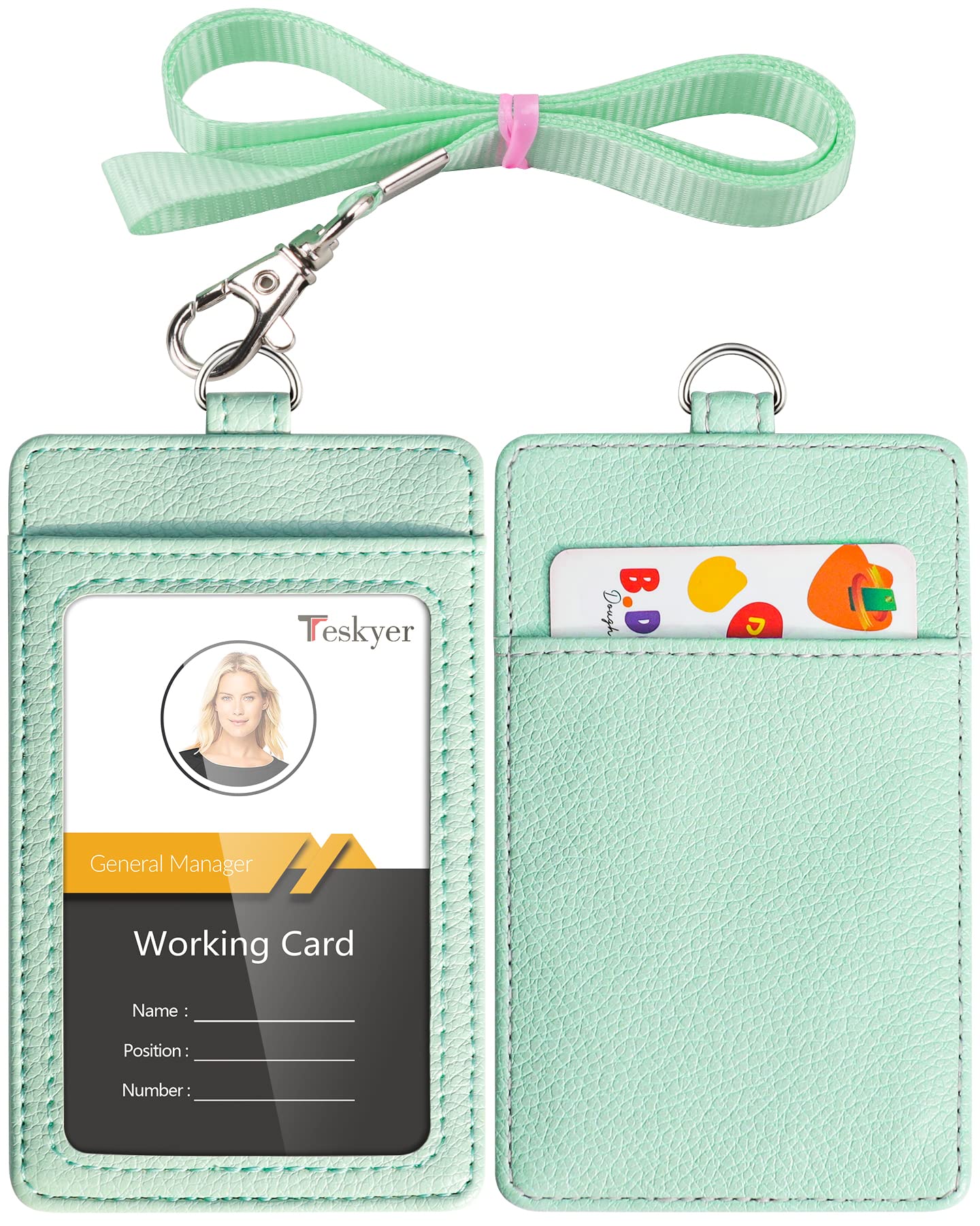 【送料無料】Teskyer IDカードホルダー ネームホルダー 名札ホルダー カードケース 縦型 社員証 ネックストラップ 吊り下げ カード入れ パスケース 定期入れ 名刺入れ 名札ケース 通勤通学（縦型 ミント)