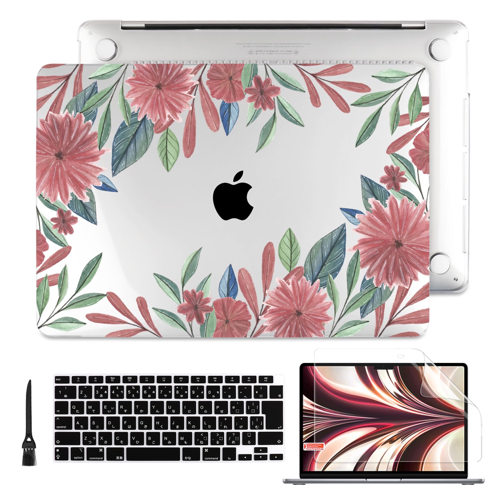 【送料無料】Batianda 2021 2020 MacBook Air 13 インチ ハードケース 絵柄 薄型 衝撃吸収 プラスチック クリア シェルカバー 日本語 キーボードカバー + 保護イルム New MacBook Air 13 Retina&Touch ID A2179/A2337 M1チップモデル対応, 赤い花