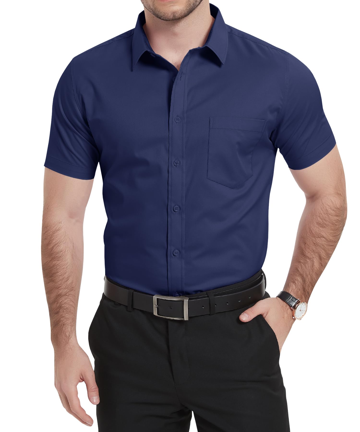 【送料無料】[KEFITEVD] 襟付きシャツ メンズ 無地 ボタンシャツ 五分袖 ネイビー L