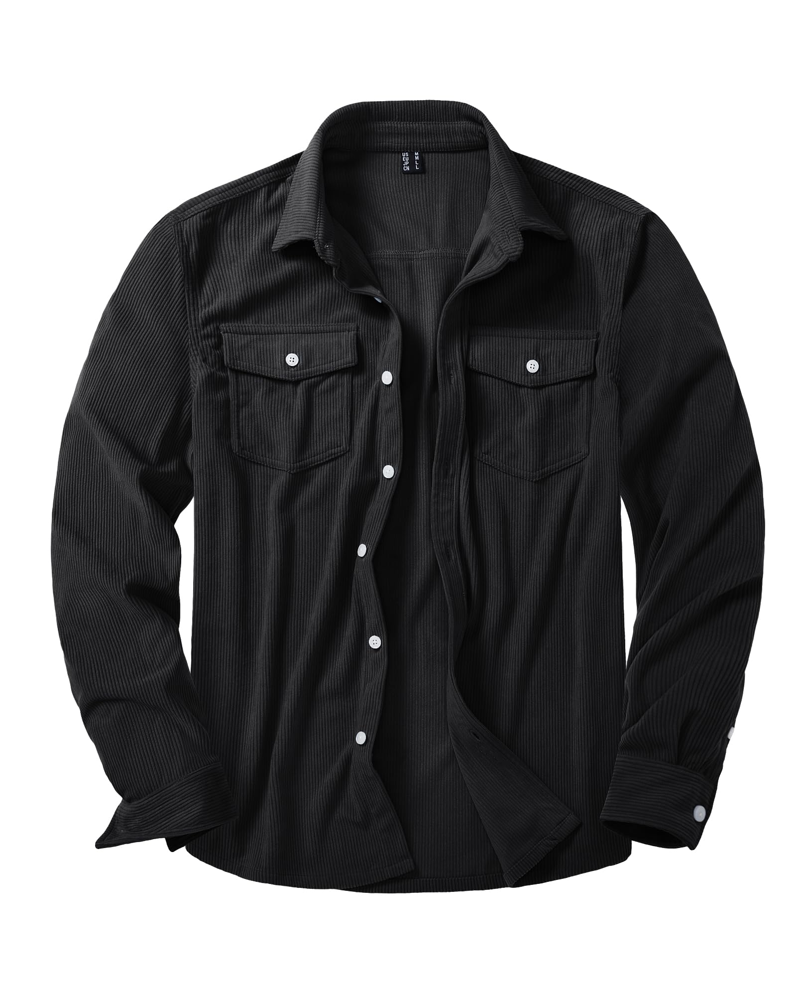 【送料無料】[KEFITEVD] コーデュロイシャツ メンズ 長袖 ゆったり ボタンアップシャツ ポリエステル ジャケットシャツ カジュアル カーゴシャツ 胸ポケット トップス 無地 春物 ブラック M