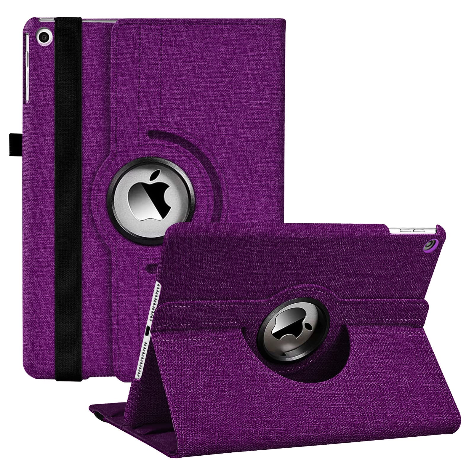【送料無料】JXCX iPad 10.2インチ 第9世代(2021年) 第8世代(2020年) 第7世代(2019年)対応 360度回転スタンド オートスリープ機能 3段階調節可能 固定バンド 脱落防止 耐衝撃 耐久性 おしゃれデニム生地(紫色)
