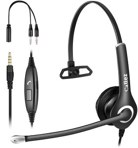 【送料無料】Callez ヘッドセットPC用 3.5mm接続 片耳 ノイズキャンセリングマイク付き携帯電話用ヘッドホン マイク左右兼用 有線 着信応答/終話 音量調節 iPhone、Android、iPad、コンピューター、ラップトップに対応 Skype、Web会議、業務用、在宅勤務、ビデオ会議に適