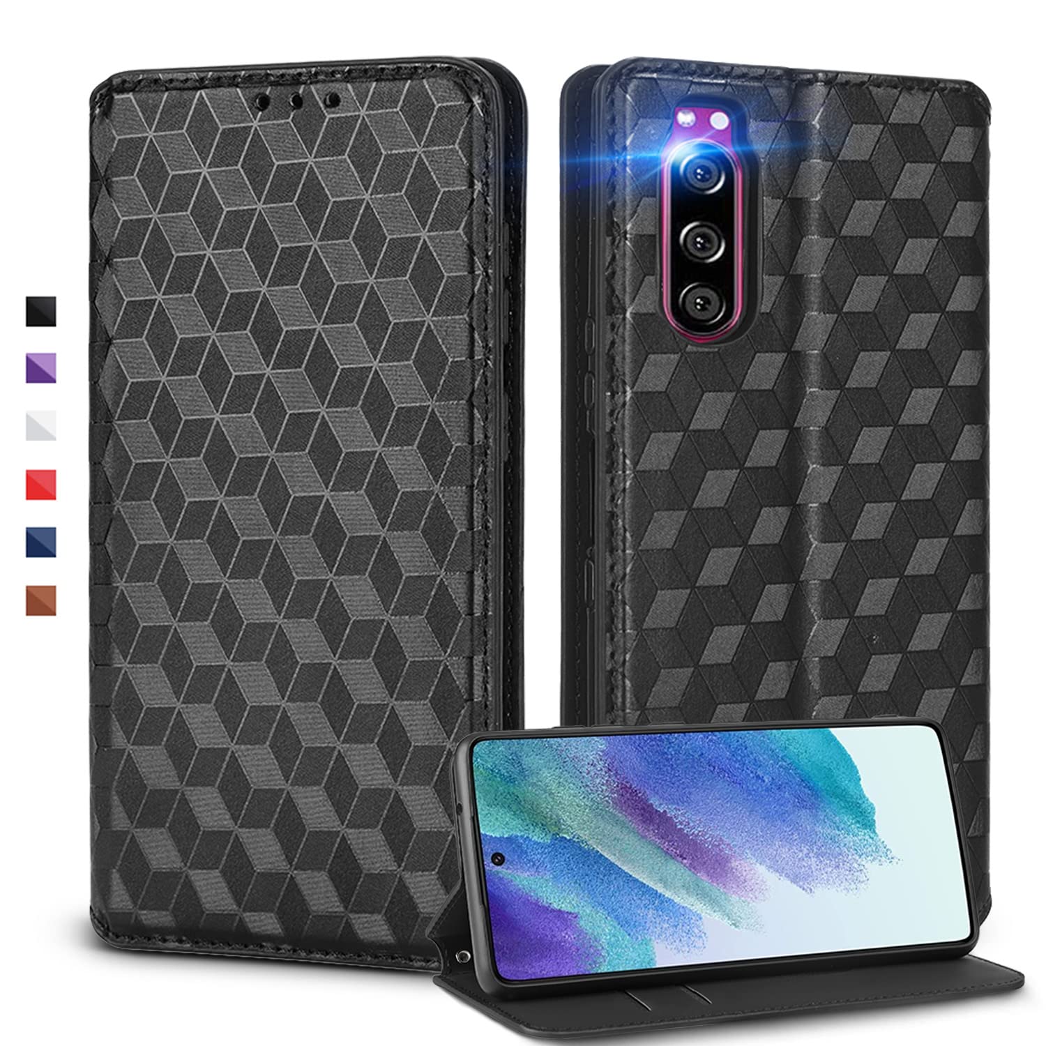 【送料無料】UnivoColors Sony Xperia 5（ SO-01M / SOV41 ） 対応手帳型ケース 高級合皮 カード収納 マグネット開閉 スタンド機能 ストラップホール付き TPUソフトバンパー 全面保護 カメラ保護 衝撃吸収 ビジネス おしゃれ カバー(ブラック)