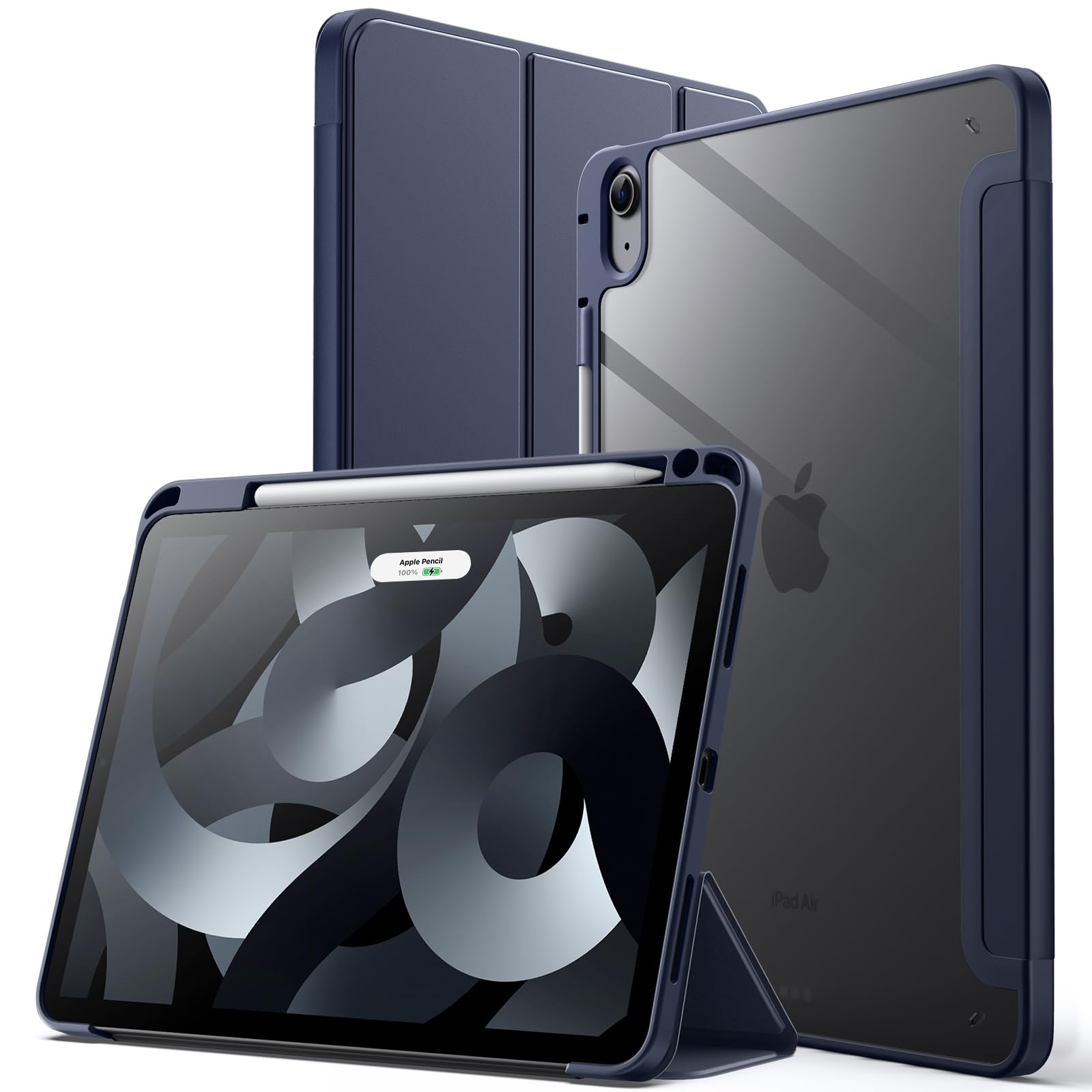 【送料無料】JETech iPad Air 11 インチ M3/M2 (2025/2024)、iPad Air 5/4 ケース 10.9 インチ (第5/4世代、2022/2020モデル用) Pencil収納可能透明バックカバー 薄型 スタンド 衝撃吸収 タブレットカバー オートウェイク/スリープ機能 (ディープネイビー)