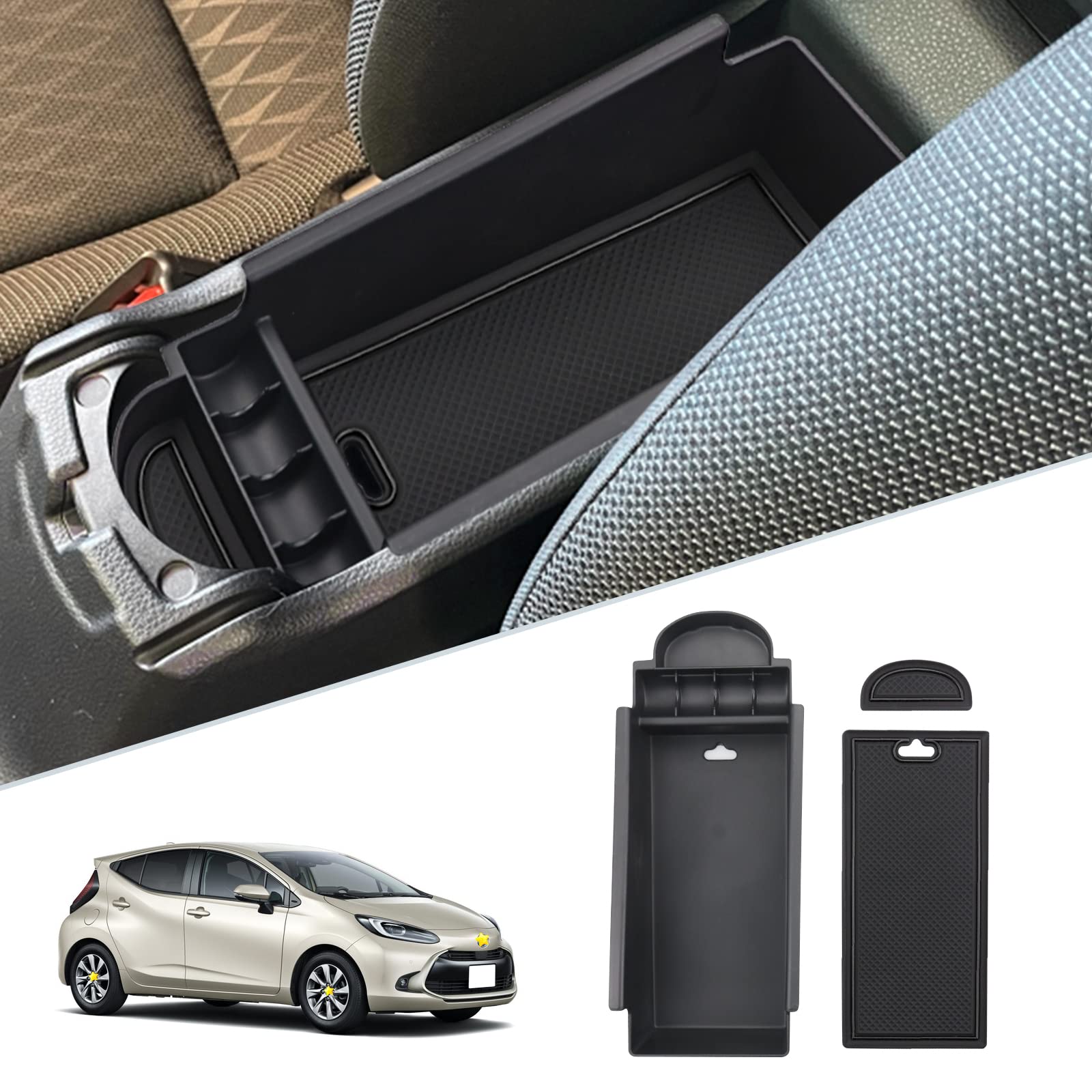 【送料無料】SKTU トヨタ アクア 2代目 車用 内蔵型コンソールボックス 収納トレイ ラバーマット付き 小物入れ コインケース 装着簡単 カスタムパーツ 滑り止め アクア専用 騒音軽減 傷消し ABS樹脂製 無臭無毒 アクアアクセサリー (ブラック)