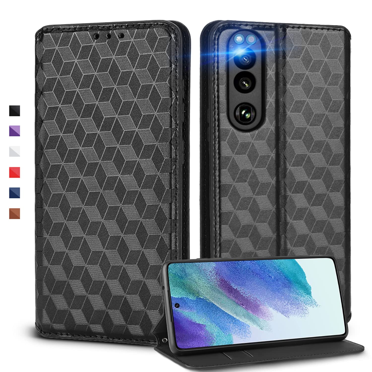 【送料無料】UnivoColors Sony Xperia 5 III （SO-53B / SOG05） 対応手帳型ケース 高級合皮 カード収納 マグネット開閉 スタンド機能 ストラップホール付き TPUソフトバンパー 全面保護 カメラ保護 衝撃吸収 ビジネス おしゃれ カバー(ブラック)