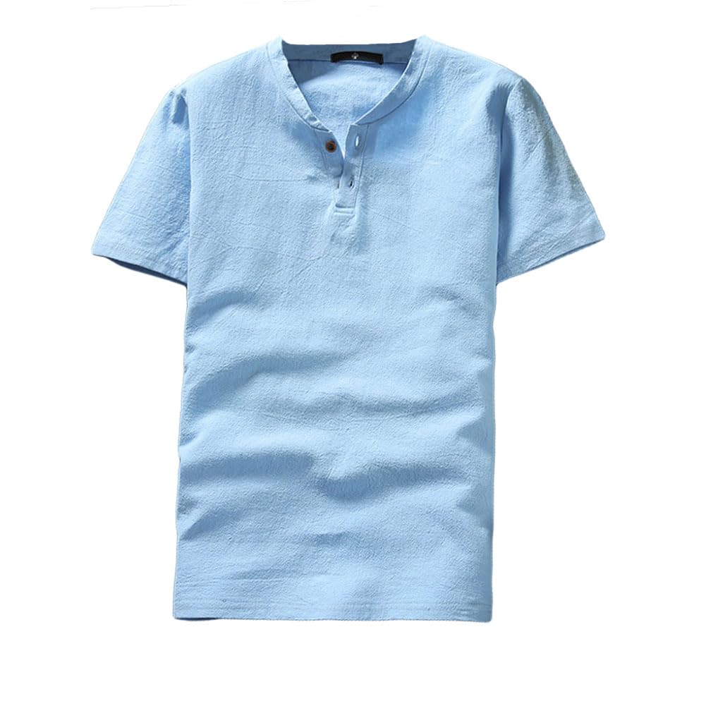 【送料無料】Blostirno メンズ リネン リネンシャツ 綿麻 半袖 無地 Tシャツ ヘンリーネック 夏(JT11-BL2L)
