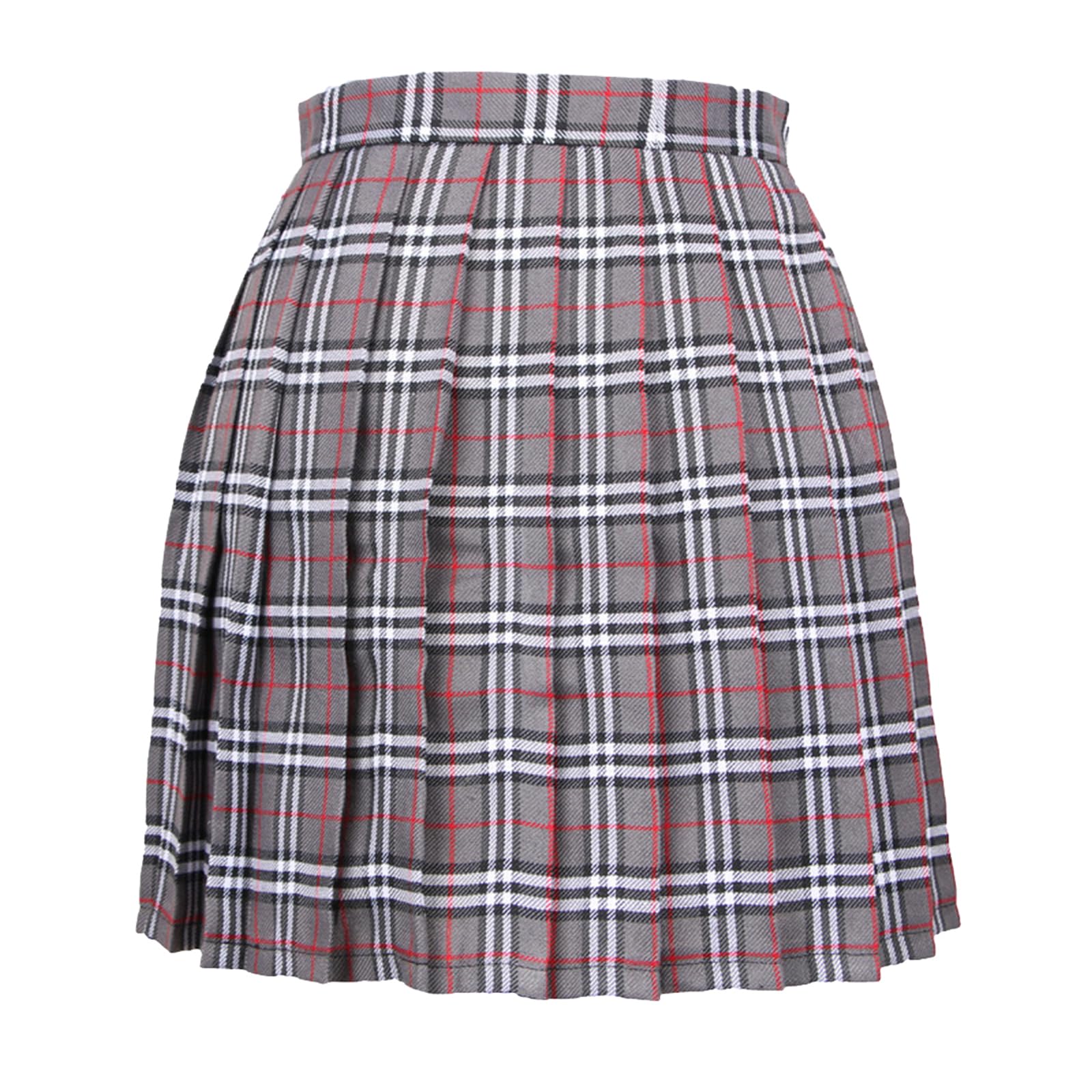 【送料無料】[Blostirno] プリーツスカート チェック柄 ミニ スクールスカート ハイウェスト ひざ丈 制服 女子高校生 グレー（JP0061G-M）