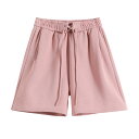 【送料無料】Blostirno ショートパンツ レディース スポーツ 5分丈 短パン ゴム ハイウエスト カジュアル 無地 夏(JP0105P-S)