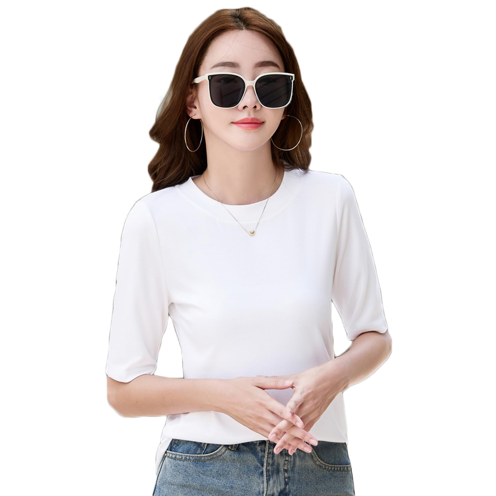 【送料無料】[Blostirno] Tシャツ レディース 半袖 トップス クールネック 薄手 シンプル夏 無地 おしゃれ（JP0100WH-XL）