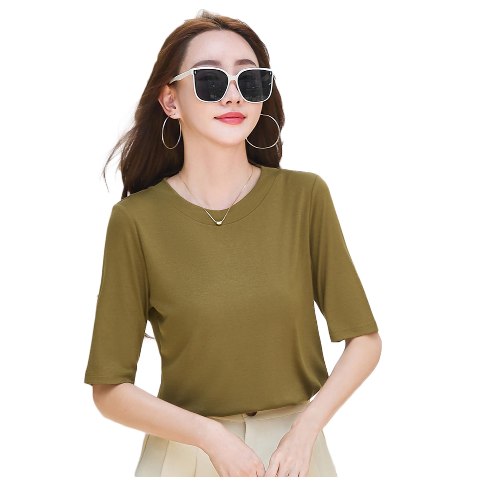 【送料無料】[Blostirno] Tシャツ レディース 半袖 トップス クールネック 薄手 シンプル夏 無地 おしゃれ（JP0100GR-3XL）