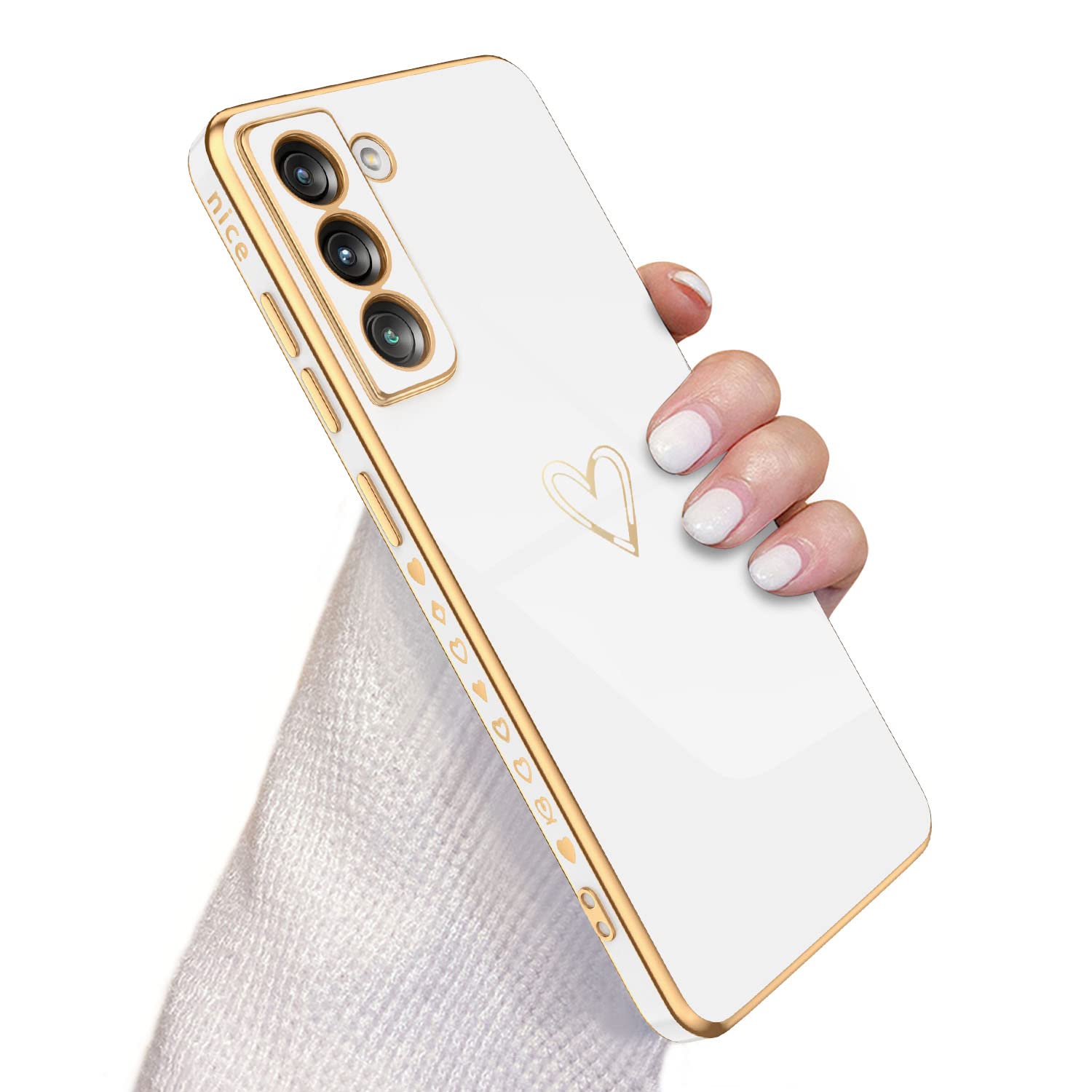 【送料無料】QLTYPRI Samsung Galaxy S21 5G ケース [ SC-51B | SCG09 ] ケース かわいい メッキラブハートソフト TPU カバー 女性 人気 軽量 スマホケース レンズ保護 落下防止 カバー Qi ワイヤレス充電対応 携帯電話ケースギャラクシーS21用カバー - ホワイト