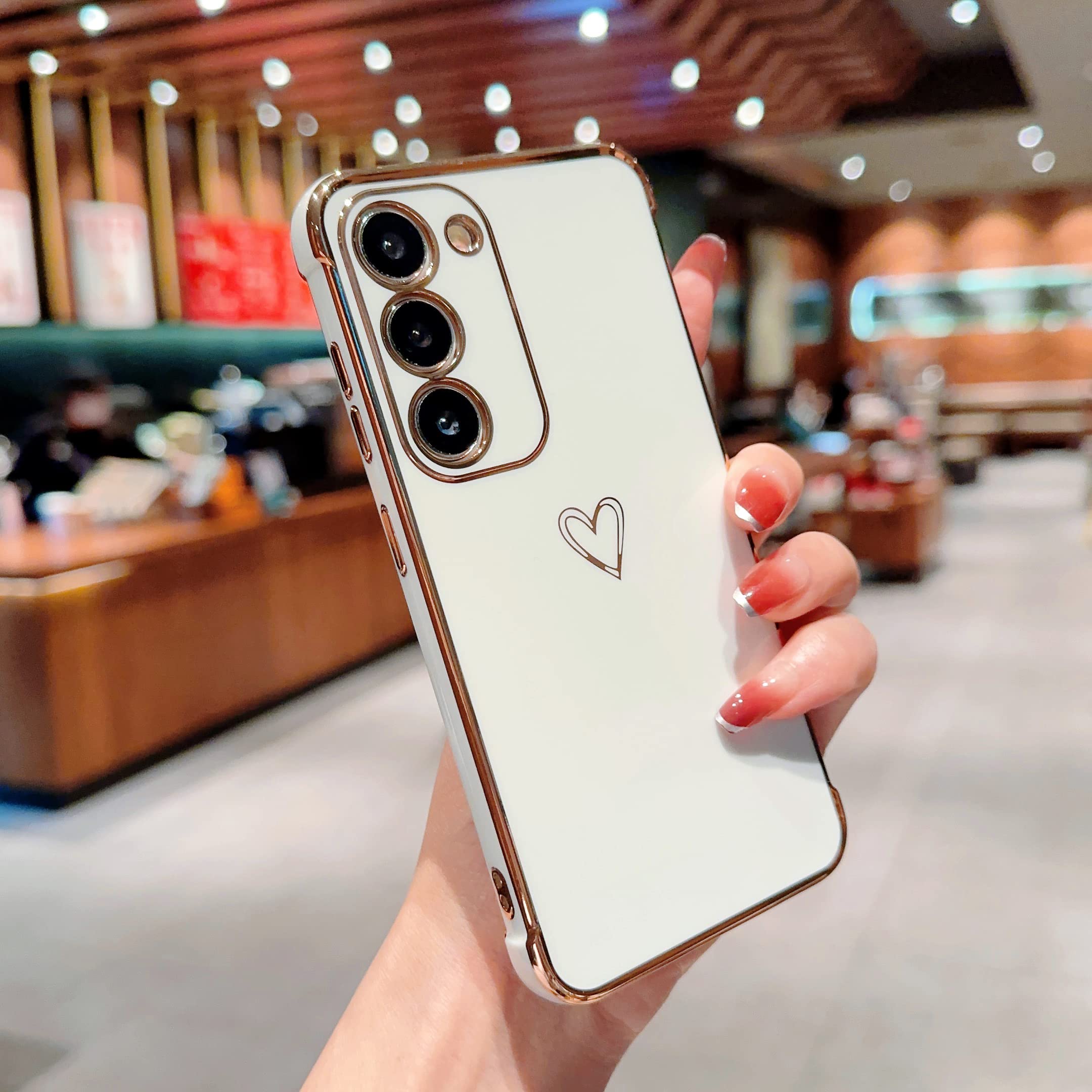 【送料無料】QLTYPRI Samsung Galaxy A54 5G ケース SC-53D/SCG21 ケース かわいい メッキラブハートソフト TPU カバー 女性 人気 軽量 スマホケース レンズ保護 落下防止 カバー ワイヤレス充電対応 ストラップホール付き ギャラクシーA54用カバー - ホワイト