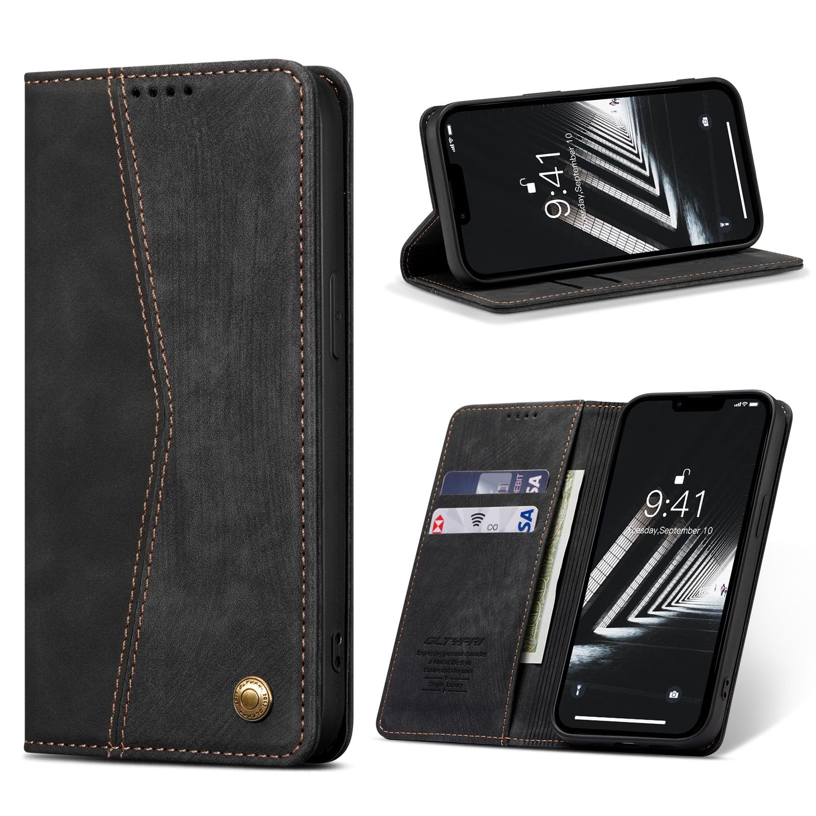 【送料無料】QLTYPRI iPhone 15 ケース 手帳型 ケース 上質PUレザー 財布型 ケース アイフォン15 ケース手帳型 携帯カバー カード収納 スタンド機能付き 磁気閉鎖 軽量薄型 着脱しやすい 耐衝撃 保護力 手作 iPhone 15対応 6.1インチ，ブラック