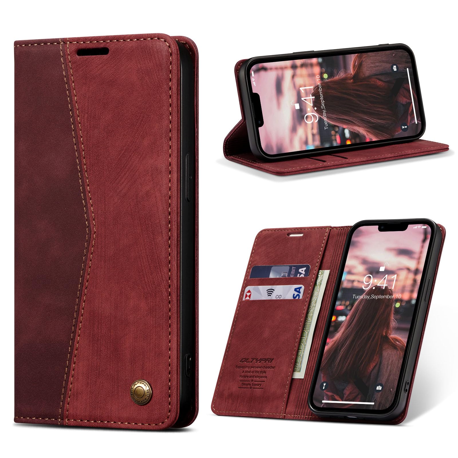 【送料無料】QLTYPRI iPhone 15 ケース 手帳型 ケース 上質PUレザー 財布型 ケース アイフォン15 ケース手帳型 携帯カバー カード収納 スタンド機能付き 磁気閉鎖 軽量薄型 着脱しやすい 耐衝撃 保護力 手作 iPhone 15対応 6.1インチ, ワインレッド
