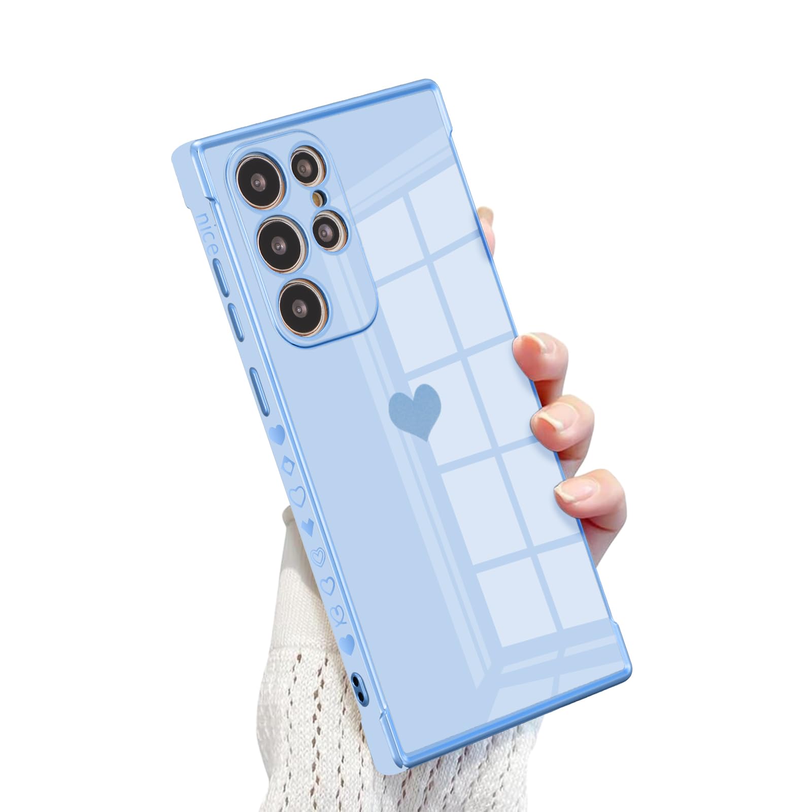 【送料無料】QLTYPRI Galaxy S24 Ultra ケース docomo SC-52E / au SCG26 TPU カバー ハート 模様 おしゃれ 韓国 可愛い シンプル 薄型 軽量 レンズ保護 耐衝撃性 スマホケース ワイヤレス充電対応 ストラップホール付き ギャラクシーS24 Ultra ケース - グレーブルー