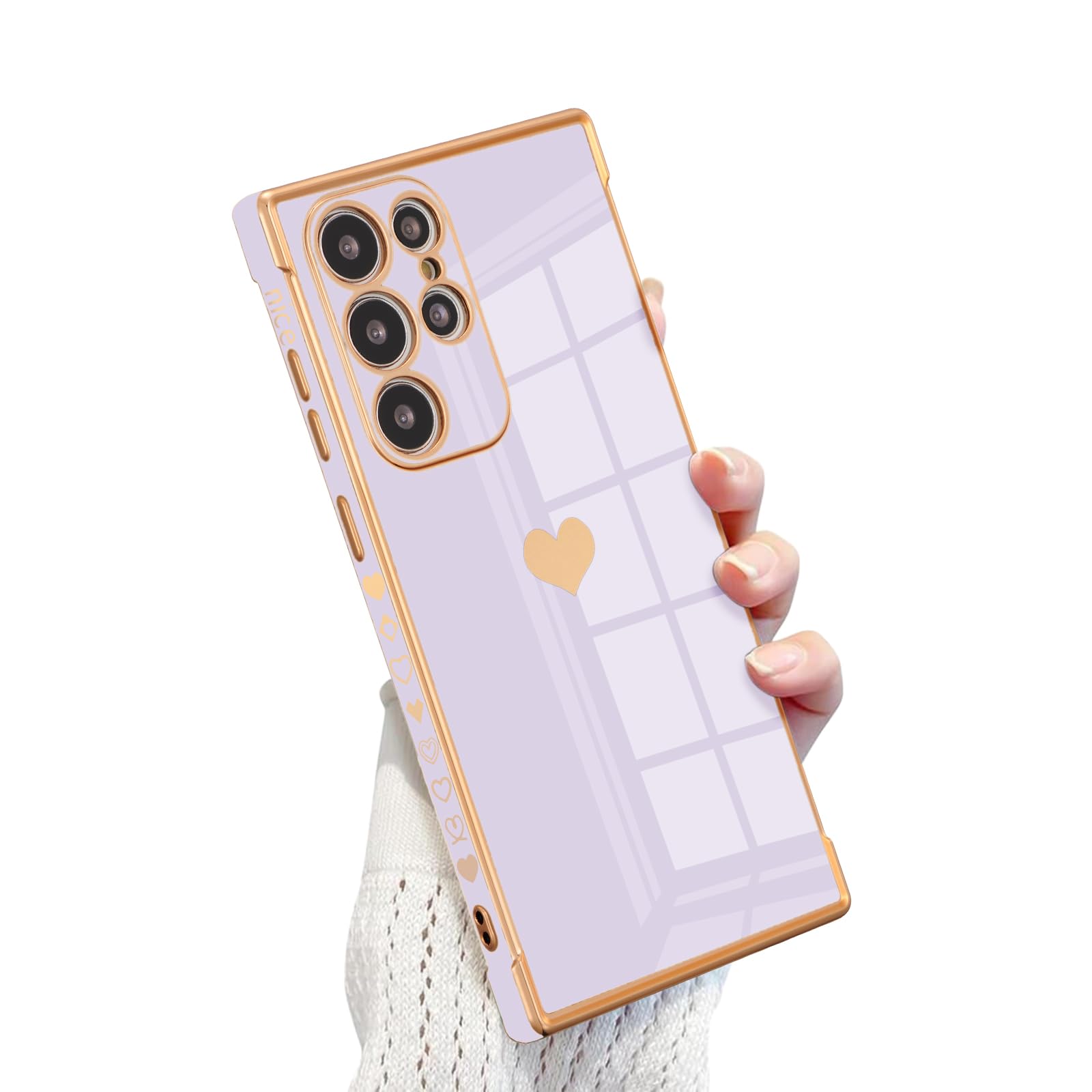 【送料無料】QLTYPRI Galaxy S24 Ultra ケース docomo SC-52E / au SCG26 TPU カバー ハート 模様 おしゃれ 韓国 可愛い シンプル 薄型 軽量 レンズ保護 耐衝撃性 スマホケース ワイヤレス充電対応 ストラップホール付き ギャラクシーS24 Ultra ケース - パープル