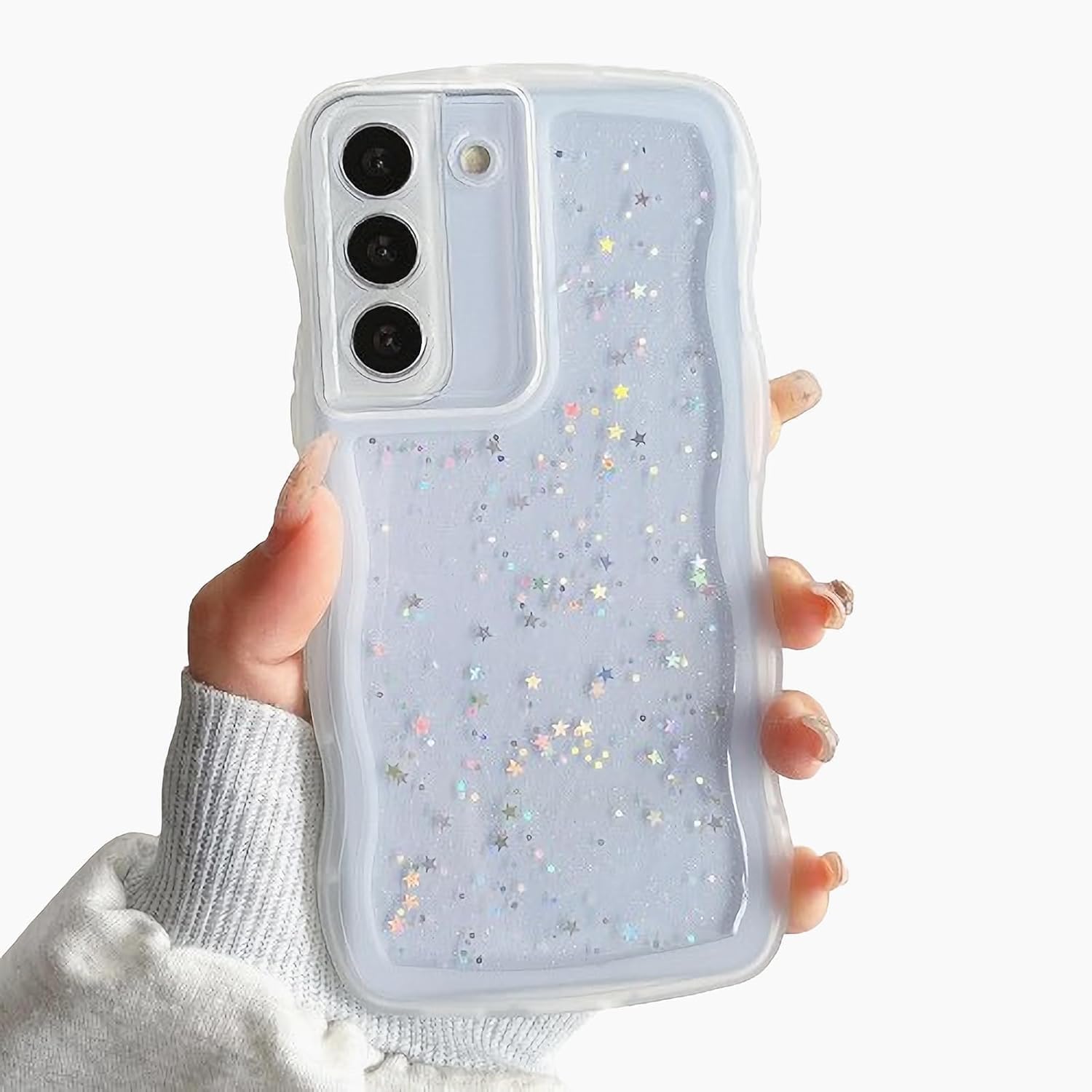 【送料無料】QLTYPRI Galaxy S21 ケース クリア TPU カバー ウェーブ おしゃれ 韓国 可愛い ウェーブ グリッター 透明 薄型 軽量 耐衝撃 滑り止め (SC-51B / SCG09) スマホケース ワイヤレス充電対応 ストラップホール付き ギャラクシーS21 ケース 6.2インチ 対応 - クリ