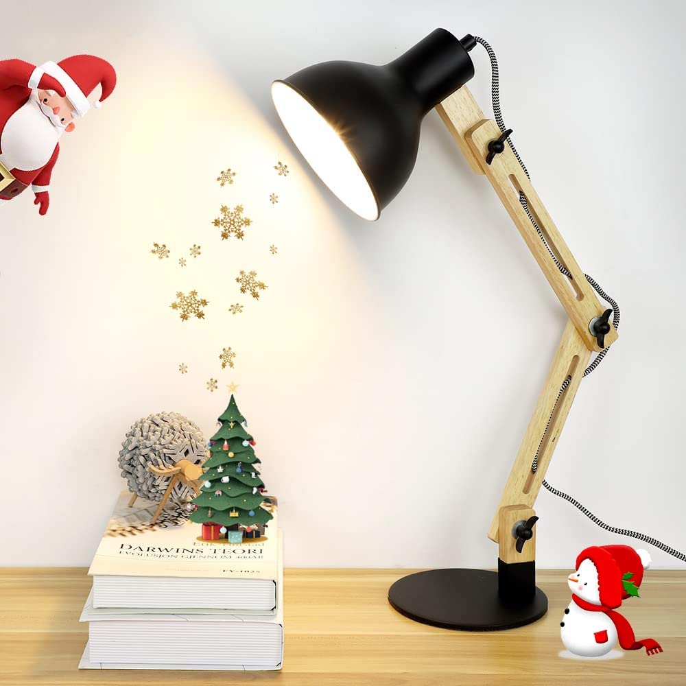 【送料無料】DINGLILED 電気スタンド デスクライト アームライト 卓上 勉強 読書 仕事 ベース付き 角度自由 木製アーム 金属シェード 黒 中間スイッ...