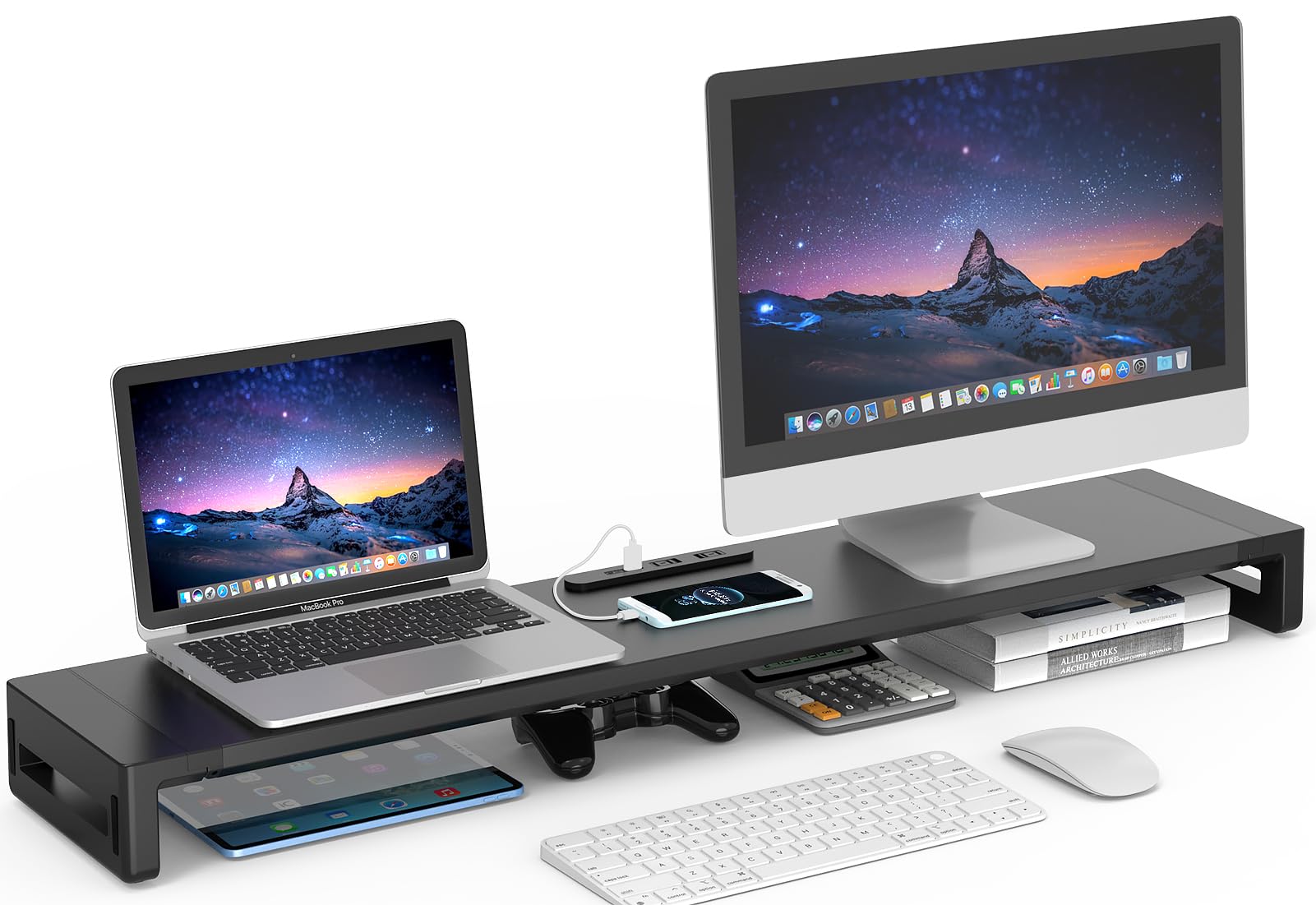 【送料無料】EAYHM デュアル モニター 台 USB口/2口コンセント付き 机上台 2画面ディスプレイ 台 幅3段..