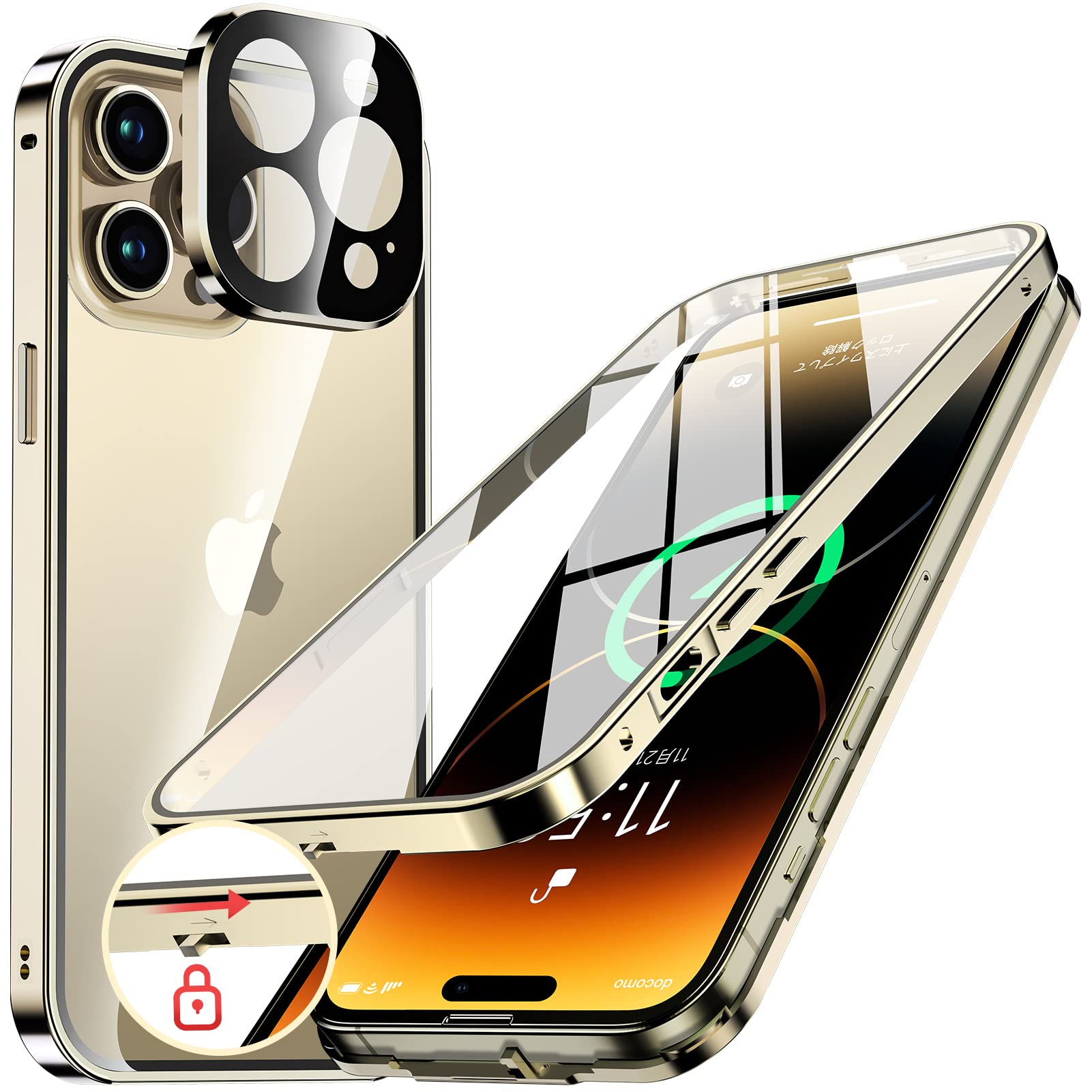 商品情報商品の説明主な仕様 【ロック機能付き・1秒で取り付け・一体型レンズ保護付き】革新的な技術、このiPhone14 Pro 両面ケースは上部にスライドボタン式のロックがあり、前後のケースをしっかり固定します。上部のボタンを押すだけで、ロックの解除も簡単、取り付けで開く非常に便利です。こちらのアイフォン14プロ ケースであなたの大切なスマホを守ってあげてください！このiPhone14 Pro ケースのバンパーとレンズ保護フィルムが一体型になっており、背面カメラ周りを覆い、カメラへの傷を防ぐ、カメラレンズ保護設計です。レンズの保護フィルムの必要はありません。（注意：この製品を使用する際には、説明書を読んでからインストールすることを強くお勧めします。取り付けるとき、後カバーの下部の凸凹部分を確認してください。後カバーと前カバーの底部が位置合わせされ、ぴったりとフィットしていることを確認してください。）【両面9H強化ガラス・高感度タッチ】このiPhone14 Pro ケースは、9H硬度ガラス素材を採用されて、鍵やカッターなどの鋭利なもので切りつけてもキズが付きにくく、耐衝撃性と耐傷性に優れています。両面9H強化ガラス + ロック機能付きメタルフレームの組み合わせにより、落下保護が向上し、iPhone14 Proを全方位からしっかりと守れます。前カバーの画面、3Dタッチ機能により、応答性能が優れています。特殊コーティング技術でスムースな指すべりで操作性アップでゲームをしても楽しめます。注意：画面保護フィルムを貼ってる必要はありません、操作反応が低下します。【メタルフレーム・背面クリア・信号干渉なし】このスマホケース iphone14 proは、高品質の航空アルミニウム合金製フレームを使用しており、おしゃれで高級感が溢れています。酸化の表面処理により保護カバーは擦れに強い、傷つきにくい。このiPhone14 Pro全面保護ケースの背面として高透過率に経ったガラス素材を用い、本体の色をより良く楽しめる、より一層高級感を引き出せます。本体の美しさをエンジョイする際に、ご好みの写真・ステッカーなども入れ、カスタマイズが可能です。このiPhone14 Pro ケースは信号強度が影響を受けないように設計されています。ケースはマグネットを使用しない、電波を遮らないように受信専用の穴を設けてあるため、信号は良好で、WiFiは遮られていません。【押しやすいボタン・ワイヤレス充電対応・ストラップホール付き】このアイフォン14 pro ケースは、精密機械で寸法を正確に測量し、誤差の無い1:1のカットアウトを実現。両側のボタンとケース完璧にフィットし、ボタン押しやすくなり、程よい押し心地を実現します。ケースを装着した状態のままMagsafe・ワイヤレス充電対応可能です。日常生活をより便利に！このiPhone14プロ ケースのサイド右下部は、便利で落下対策にもなるストラップホールを装備しており、お好きな飾りとしてもストラップを付けられます。これ以外に、ケースの前カバーにマイクロドット加工により、ケースとスマホ本体の吸着による水痕の様な密着痕の発生を防止します。【対応機種】この製品はiPhone14 Pro（6.1インチ・3眼カメラ）にのみ対応しています。他の機種には使用できませんので、ご購入前に対応機種をご確認よろしくお願いします。タッチやボタンにちゃんと機能できるように、上部カバーとリアカバーの組み立てに隙間がでないことをご確認ください。