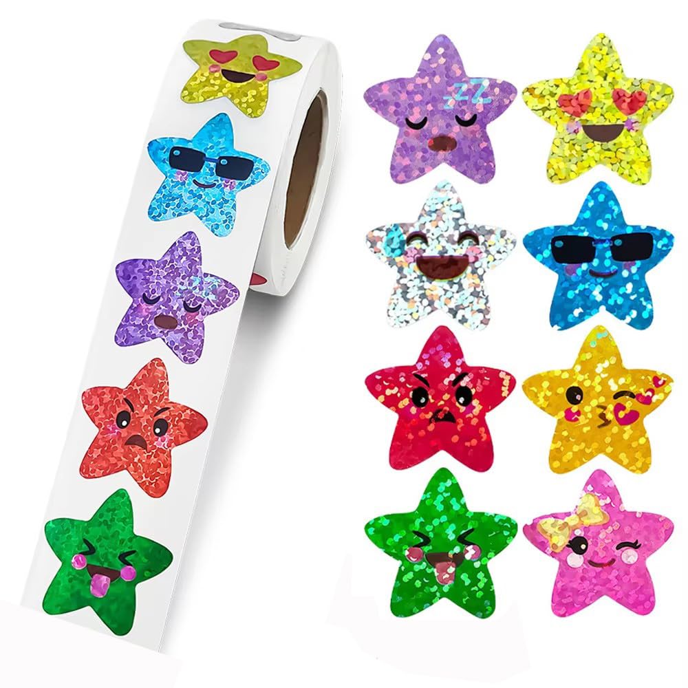 【送料無料】YJRUNFU キラキラ キラキラシール シール 星 ごほうびシール 大容量 ごほうびシール ご褒美ステッカー 大型 手帳 シール 飾り 子供用 学習タグ 可愛い 日記 デコレーション DIY 約500枚入り 25×25mm (可愛い表情)(3)