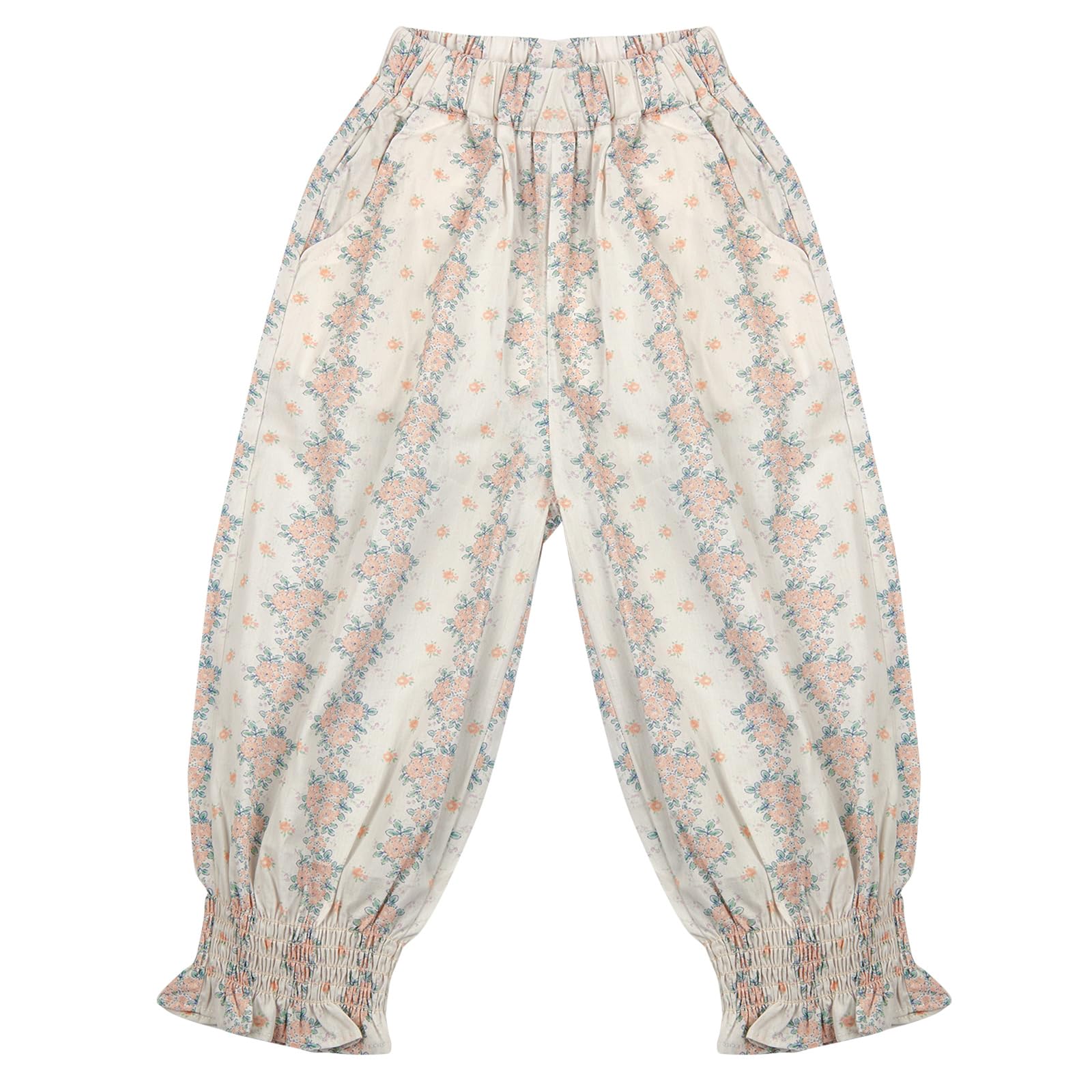 【送料無料】[OTAKUMARKET] キッズ ズボン 女の子 薄手 ロングパンツ 長ズボン 夏 子供 パンツ ワイドパンツ ボトムス 通気 涼しい 綿100 ゆったり 股上深め サルエルパンツ 子供服 花柄 (110, C 白地にオレンジ花柄)