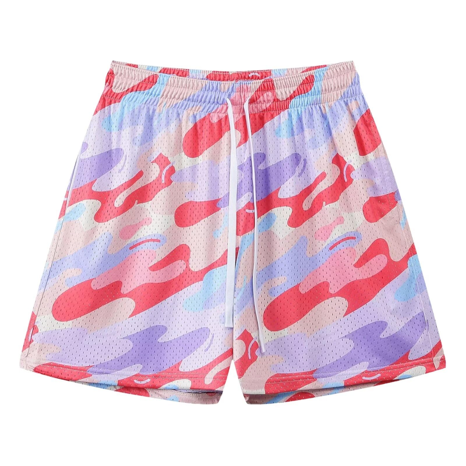 【送料無料】[ORBU] バスケットパンツ メンズ スポーツ カモフラージュ模様 短パン ウェア ランニング トレーニング ショートパンツ ポケット付き ウエスト 調整可能 速乾 通気 夏（ピンク（カモフラージュ）-2XL）