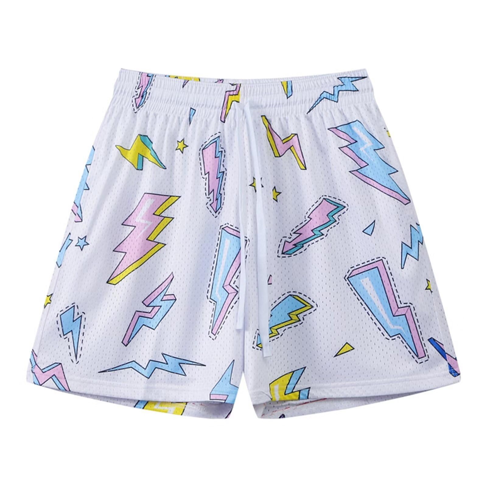 【送料無料】[ORBU] バスケットパンツ メンズ スポーツ 稲妻パターン模様 短パン ウェア ランニング トレーニング ショートパンツ ポケット付き ウエスト 調整可能 速乾 通気 夏（ホワイト(稲妻)-M）
