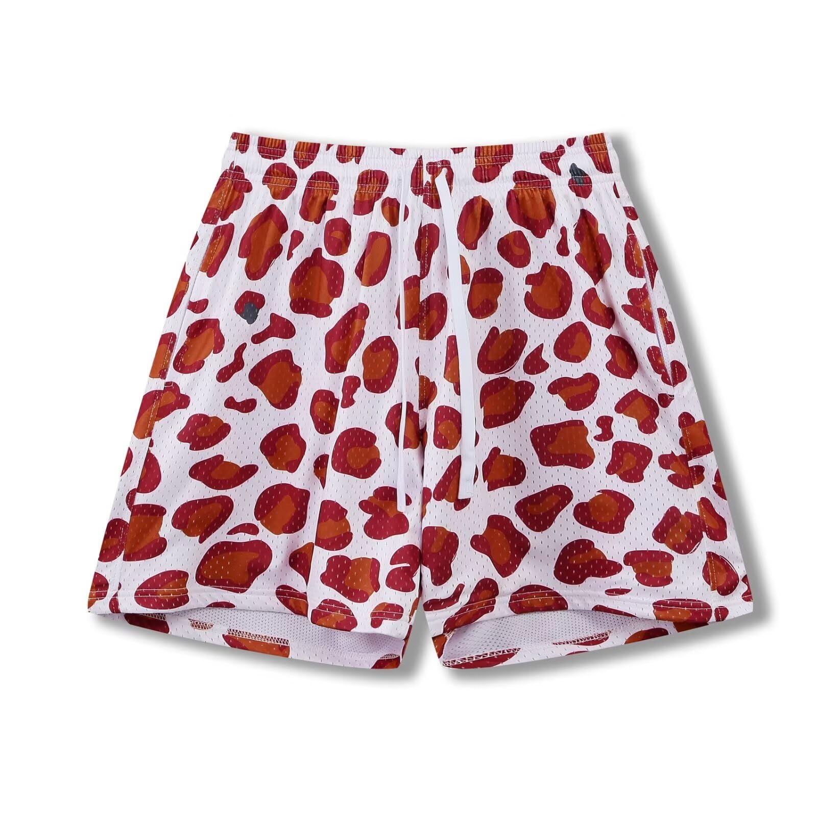 【送料無料】[ORBU] バスケットパンツ メンズ スポーツ ビーチスタイル模様 短パン ウェア ランニング トレーニング ショートパンツ ポケット付き ウエスト 調整可能 速乾 通気 夏（レッドホワイト-M）