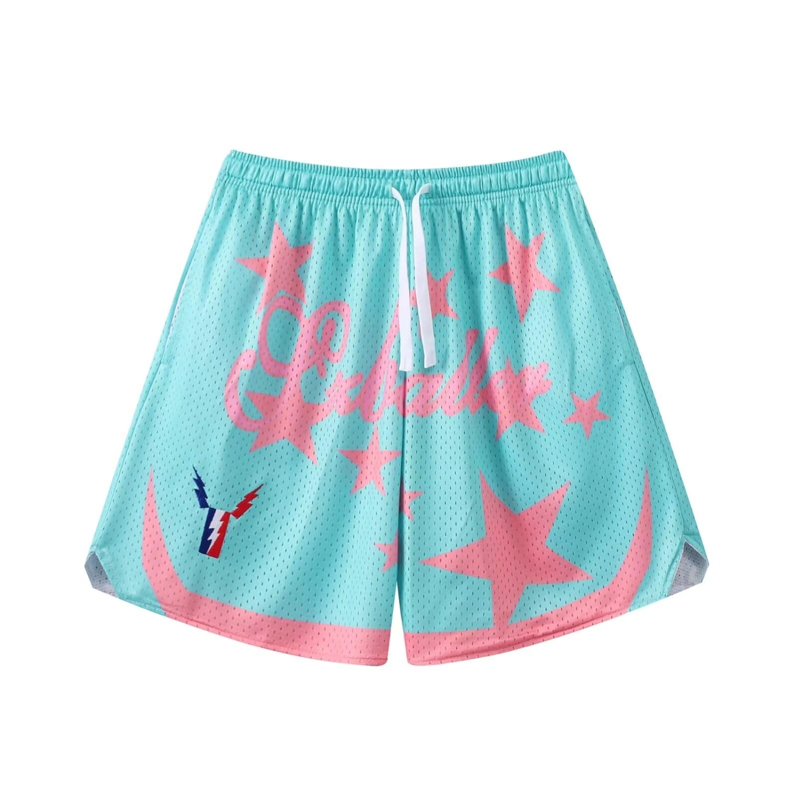 【送料無料】[ORBU] バスケットパンツ メンズ 星のパターン柄 スポーツ アメリカン メッシュ 短パン 無地 ウェア ランニング トレーニング ショートパンツ ポケット付き ウエスト 調整可能 速乾 通気