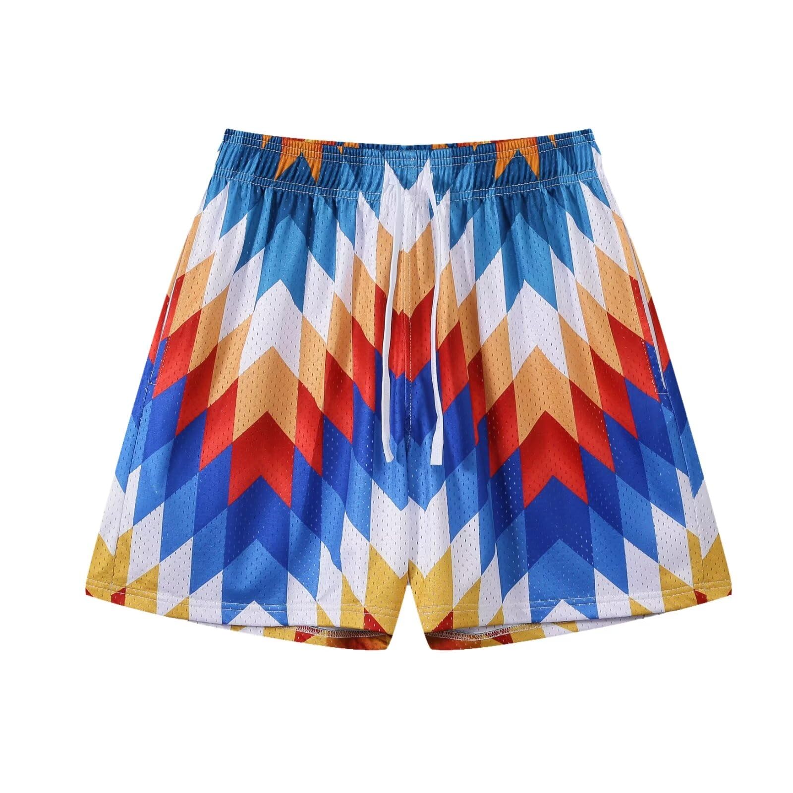 【送料無料】[ORBU] バスケットパンツ メンズ スポーツ ビーチスタイル模様 短パン ウェア ランニング トレーニング ショートパンツ ポケット付き ウエスト 調整可能 速乾 通気 メッシュ生地 ハーフパンツ 夏（レッド（多色）-L）