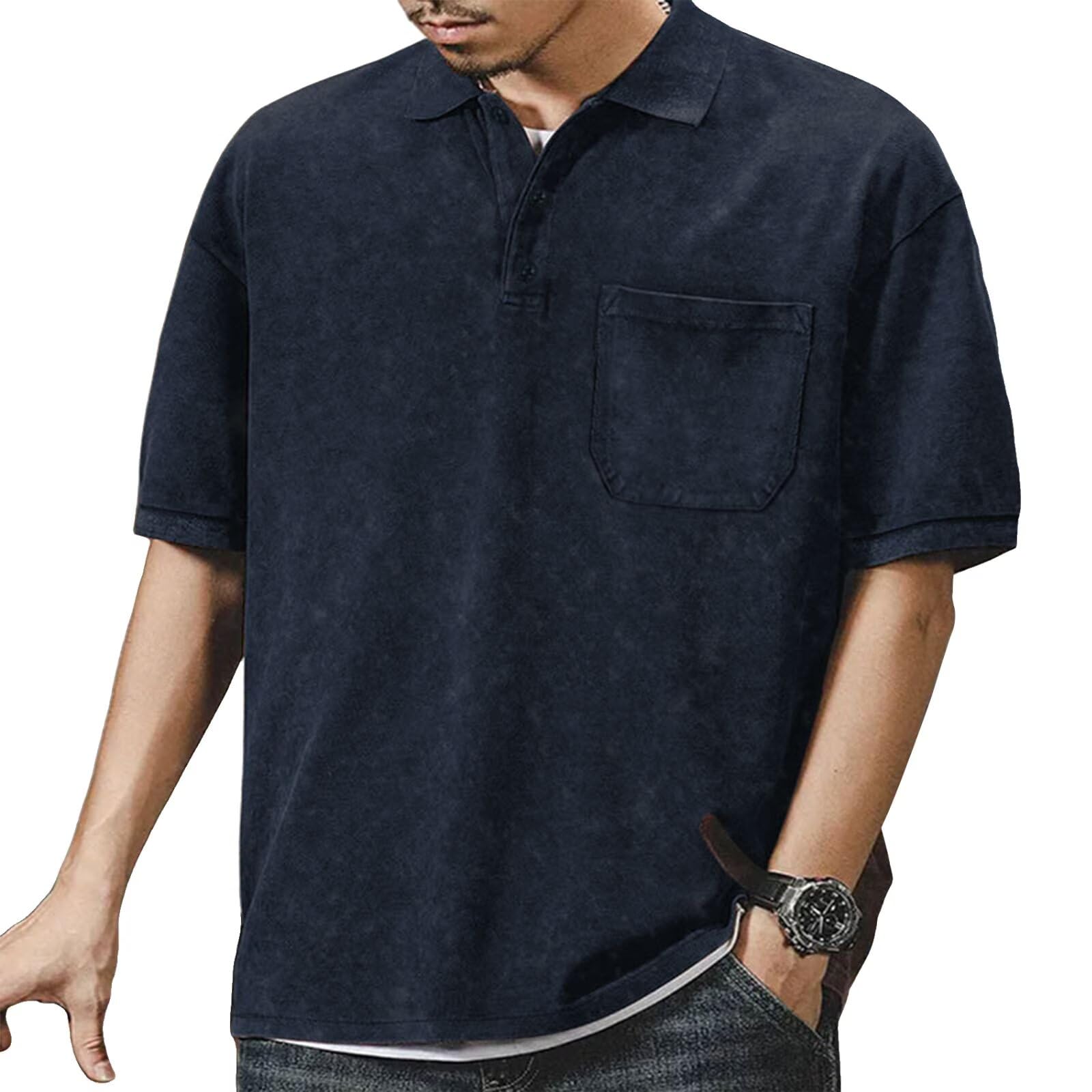 【送料無料】[ORBU] メンズ 半袖 ポロシャツ オーバーサイズ ヴィンテージ風 ゴルフウェア 柔らかい触感 通気性良好 カジュアルデザイン 半袖 ポケット付き シンプルデザイン Tシャツ 全5色（ヴィンテージネイビー-S）