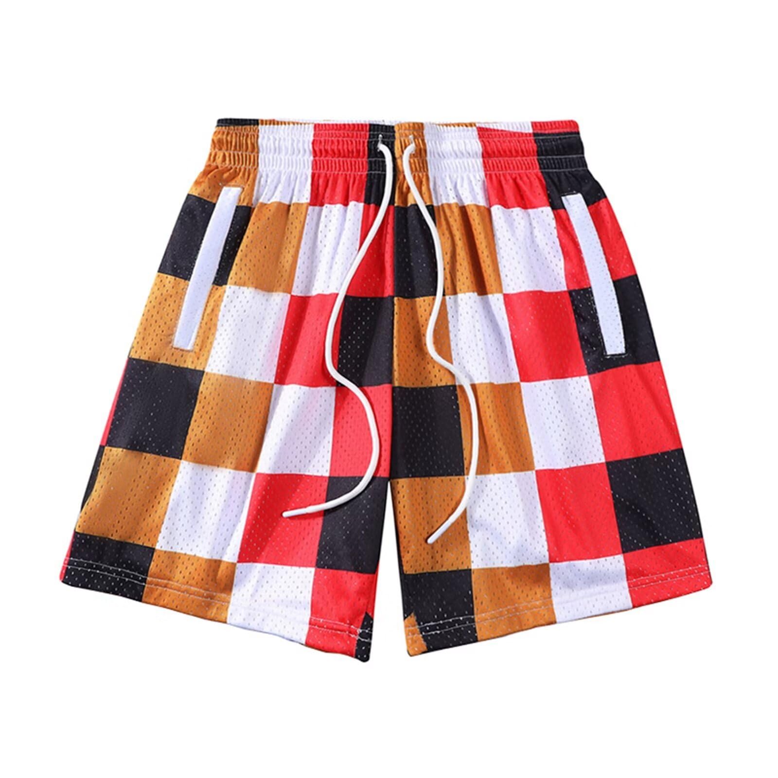 【送料無料】[ORBU] バスケットパンツ メンズ スポーツ ダブルメッシュ ファッション チェッカー プリント模様 短パン ウェア ランニング トレーニング ショートパンツ ポケット付き ウエスト 調整可能 速乾 通気 夏（レッド(チェッカー)-XL）