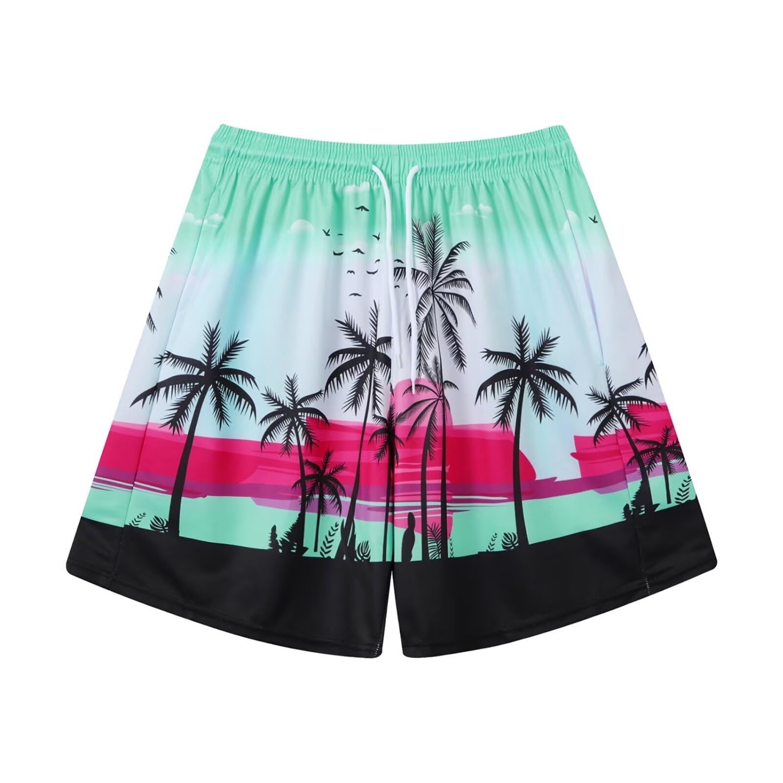 【送料無料】[ORBU] バスケットパンツ メンズ スポーツ メッシュ生地 ビッグサイズ 短パン ウェア ランニング トレーニング ショートパンツ ポケット付き ウエスト 調整可能 速乾 通気 ビーチパンツ 夏（あおじ（ヤシの木）-S）