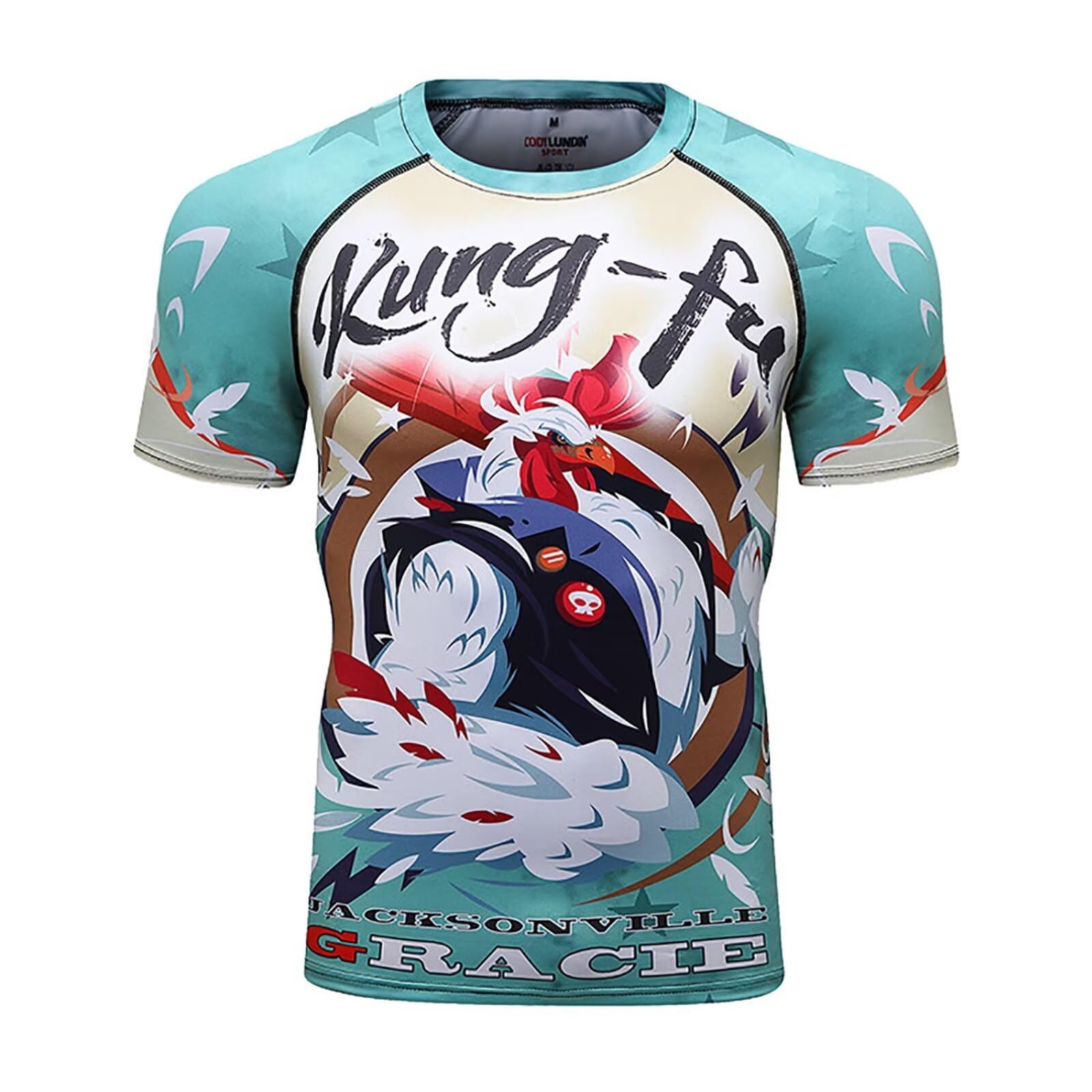 【送料無料】[ORBU] コンプレッションウェア メンズ 半袖 Tシャツ プリント柄 インナー パワーストレッチ アンダー シャツ 吸汗 速乾 通気 ショートスリーブ トレーニングウェア 夏（ブルー（にわとり）-XL）