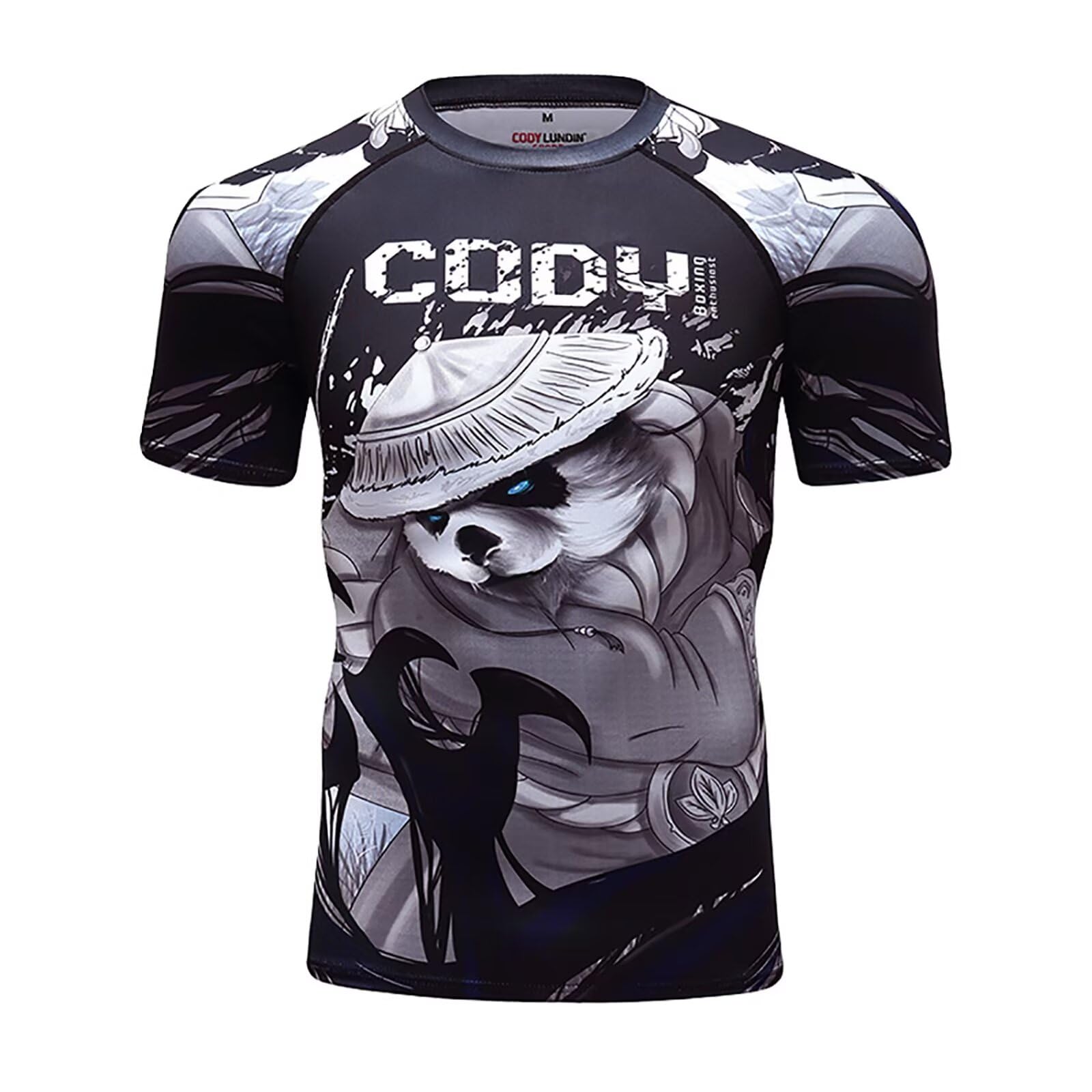 【送料無料】[ORBU] コンプレッションウェア メンズ 半袖 Tシャツ プリント柄 インナー パワーストレッチ アンダー シャツ 吸汗 速乾 通気 ショートスリーブ トレーニングウェア 夏（ブラック(パンダ頭)-M）