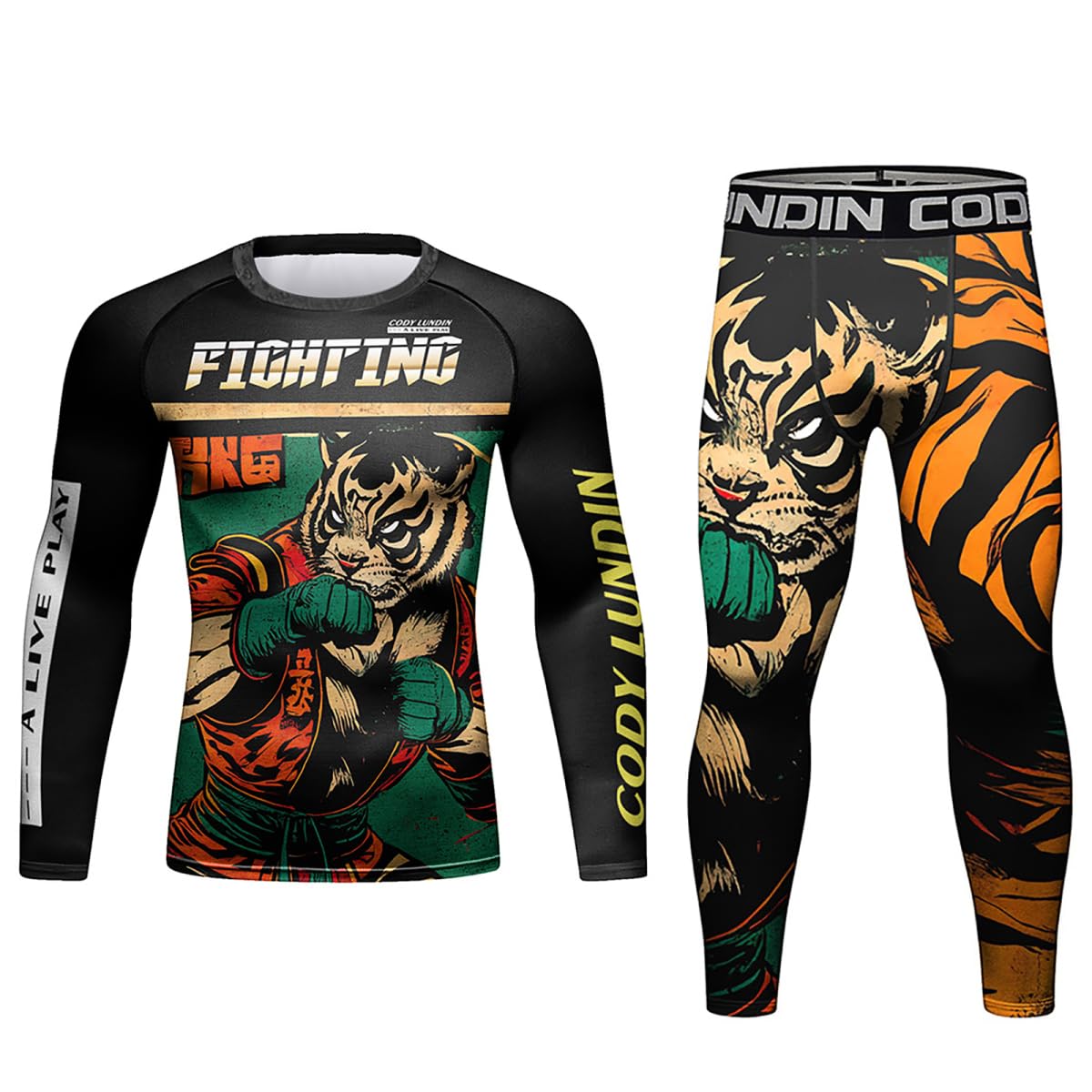 【送料無料】[ORBU] スポーツインナー メンズ 上下セット コンプレッション トップス メンズ + スポーツタイツ スパッツ プリント柄 インナー パワーストレッチ アンダー シャツ 吸汗 速乾 通気 冷感 トレーニングウェア 夏秋冬（ブラックセット（トラ）-XL）