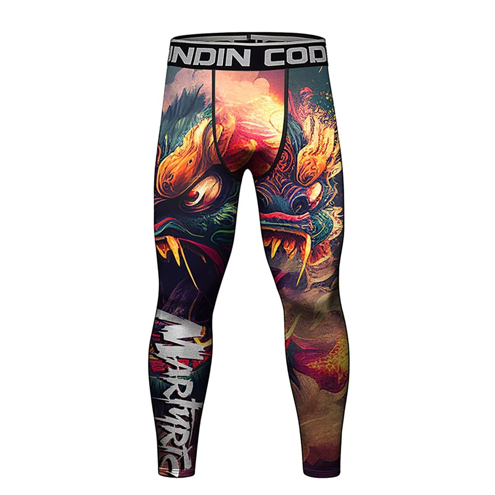 【送料無料】[ORBU] スポーツタイツ メンズ トレーニング 筋トレ プリント柄 コンプレッション タイツ 通気 吸汗 速乾 パワーストレッチ スポーツ ランニング スパッツ(ブラック（神獣）-XL)