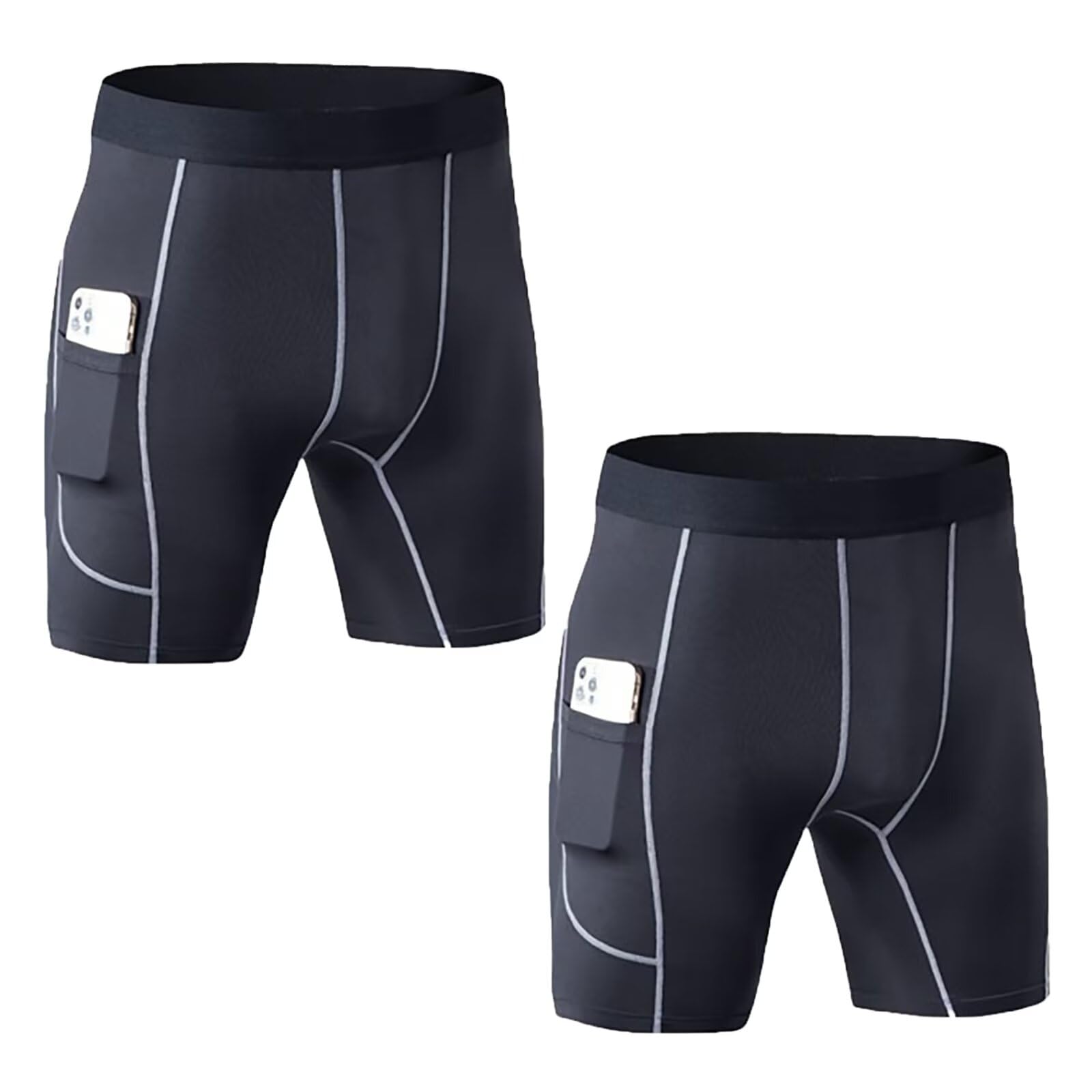 【送料無料】[ORBU] コンプレッション ハーフタイツ メンズ ポケット付き トレーニング 筋トレ ランニング 用 ショート タイツ スポーツ スパッツ ス着圧 通気 吸汗 速乾(ブラック（グレーライン，2枚組）-L)